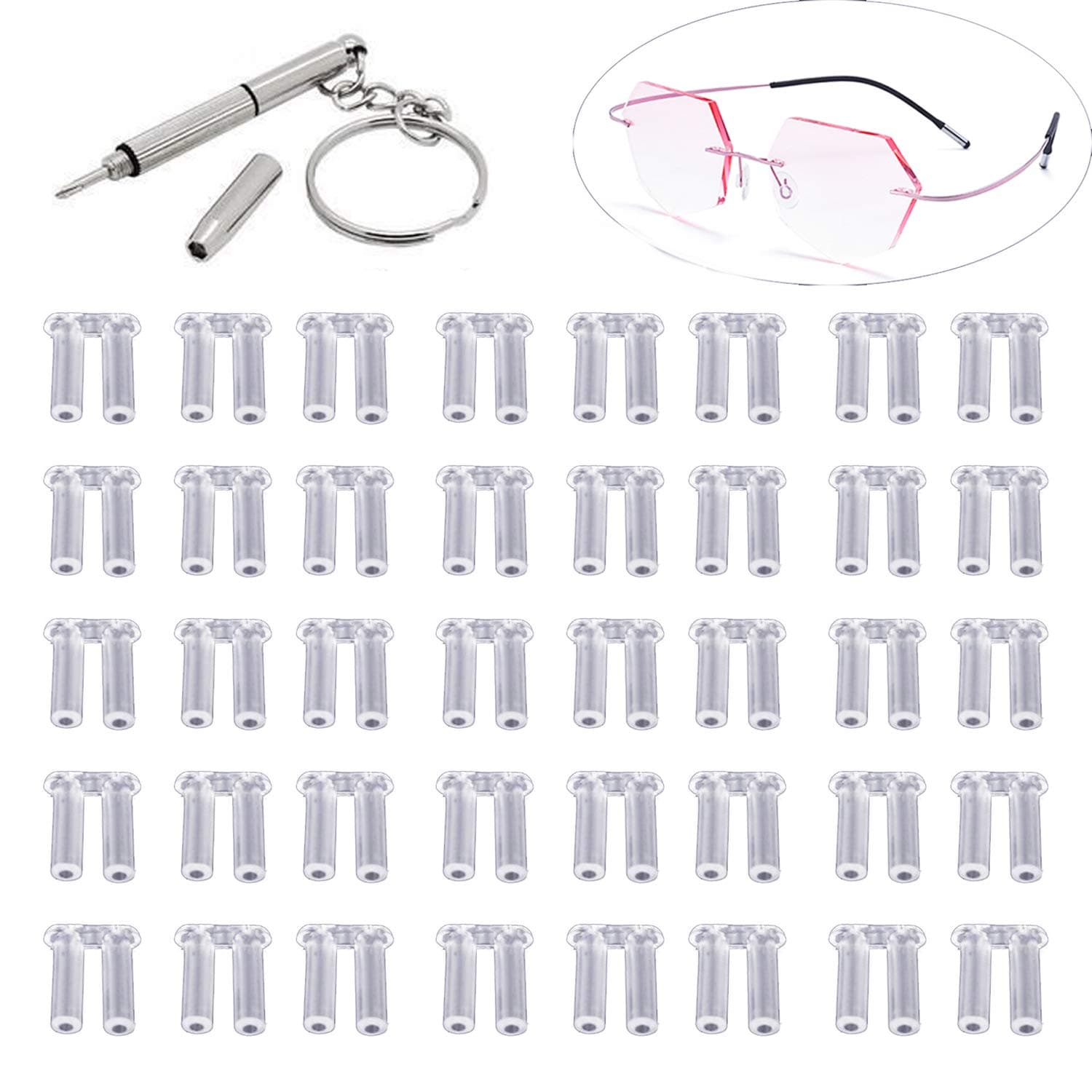 YouU 1.4/1.5/1.6mm Each 50 Pieces Clear Plastic Compression Sleeves for Rimless Glasses Fixing Accessories Tools with Multifunctional Glasses Screwdriver(Total:151 Pcs)