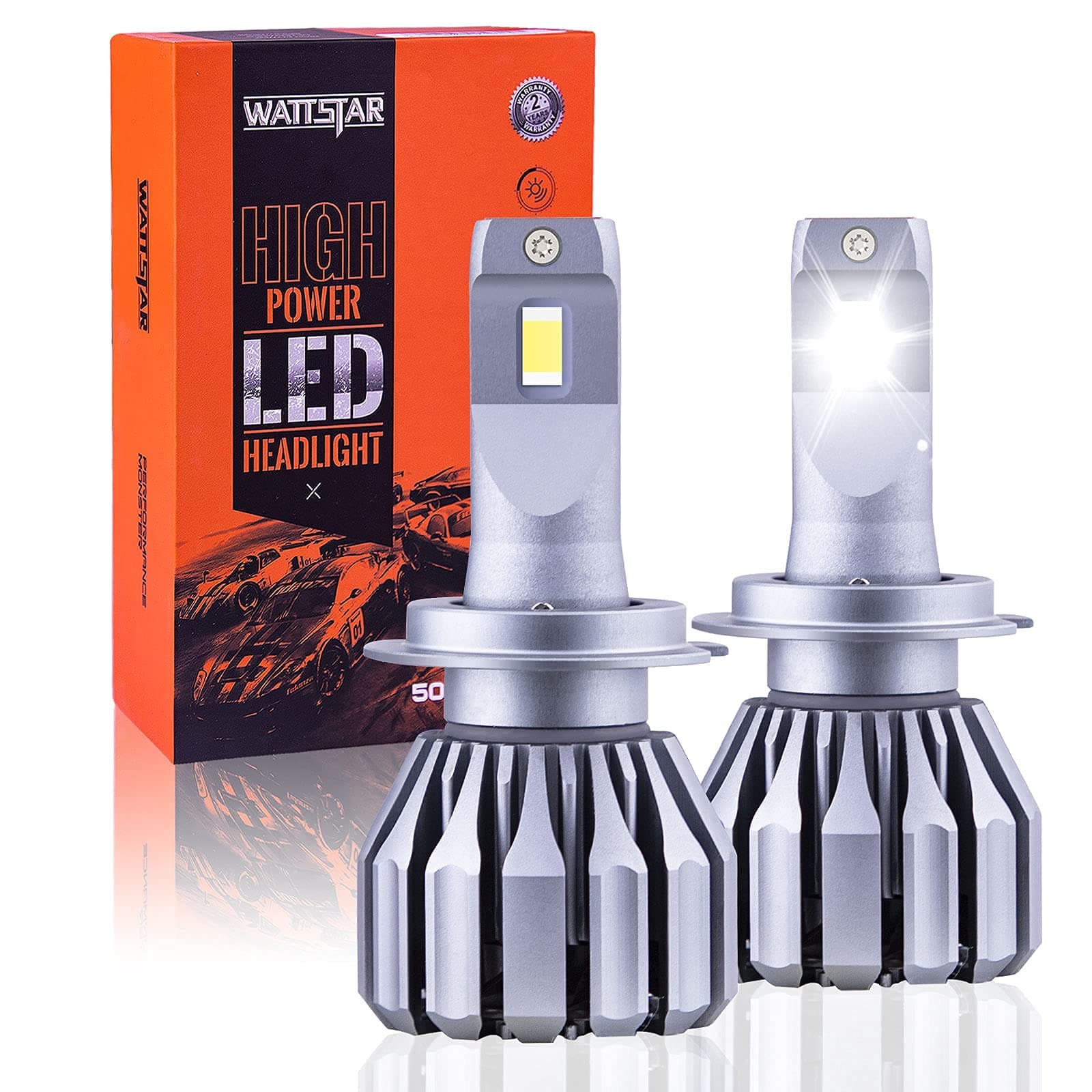 Wattstar H7 9600LM LED Headlight Bulbs with Cooling Fan,Low/High Bright Beam, CSP Chips, 32W, 6500K Pure White, Pack of 2