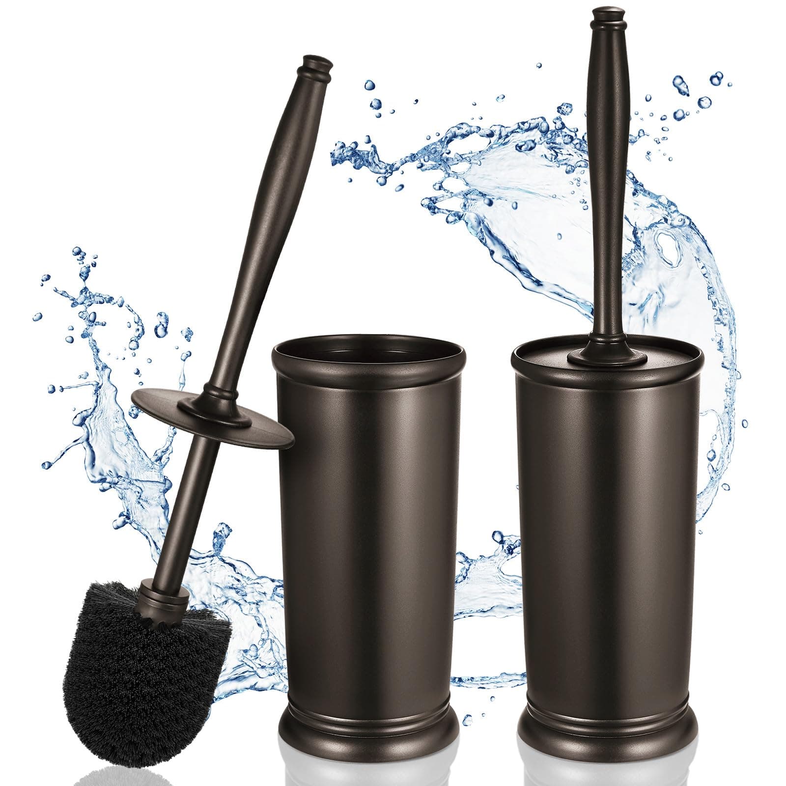 HAMITOR Toilet Bowl Brush Holder Set: 2 Pack Modern Deep Cleaning Bathroom Toilet Scrubber with Caddy for rv - Rim Decorative Accessories Cleaner Brushes for Toilet - Bronze1