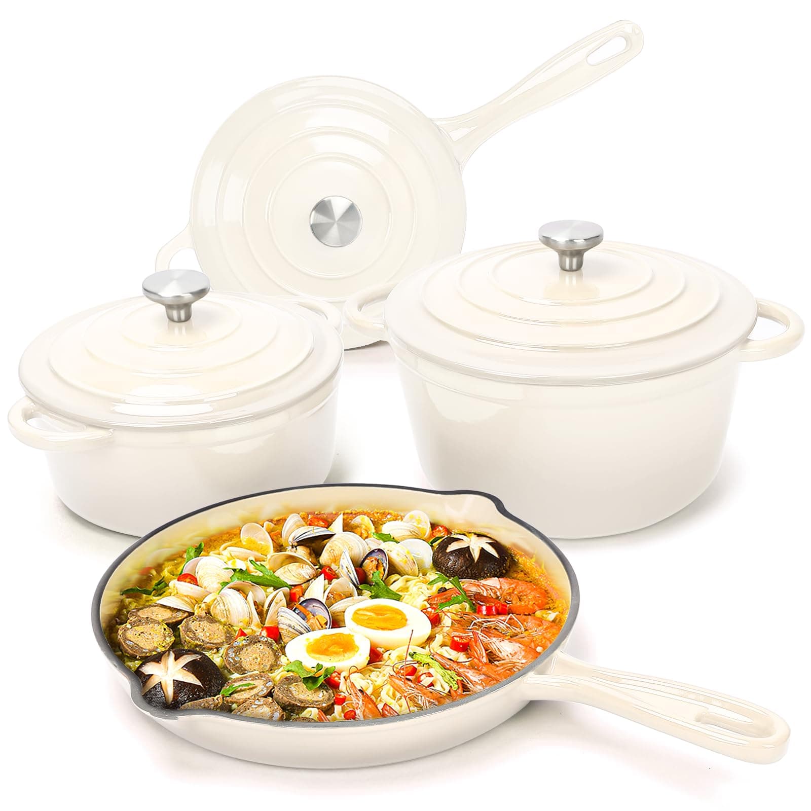 Hisencn Enameled Cast Iron Cookware Set - 7-Piece Ceramic Coated Cast Iron Cookware Set, Dutch Ovens, Sauce Pan, Skillet, 3 Lids, Heavy Duty Cookware, Gas/Induction Compatible, PFA Free, Cream White