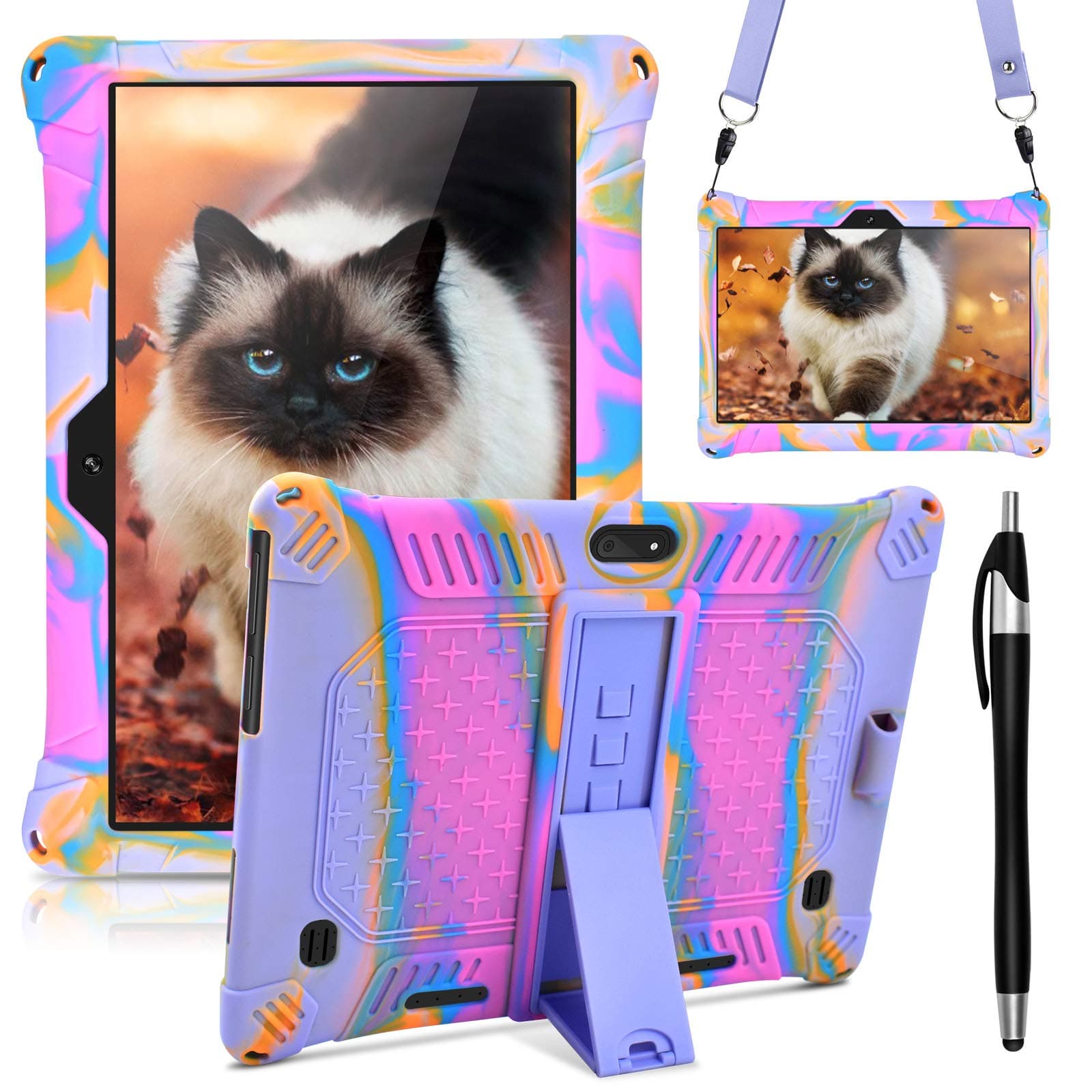 DETUOSI Case for YELLYOUTH 10.1 Tablet, Soft Silicone Lightweight Case Compatible with Dragon Touch Notepad K10, ZONKO 10.1, Beyond Tab 10.1, with Stylus Pen and Shoulder Strap, Rose Red & Purple