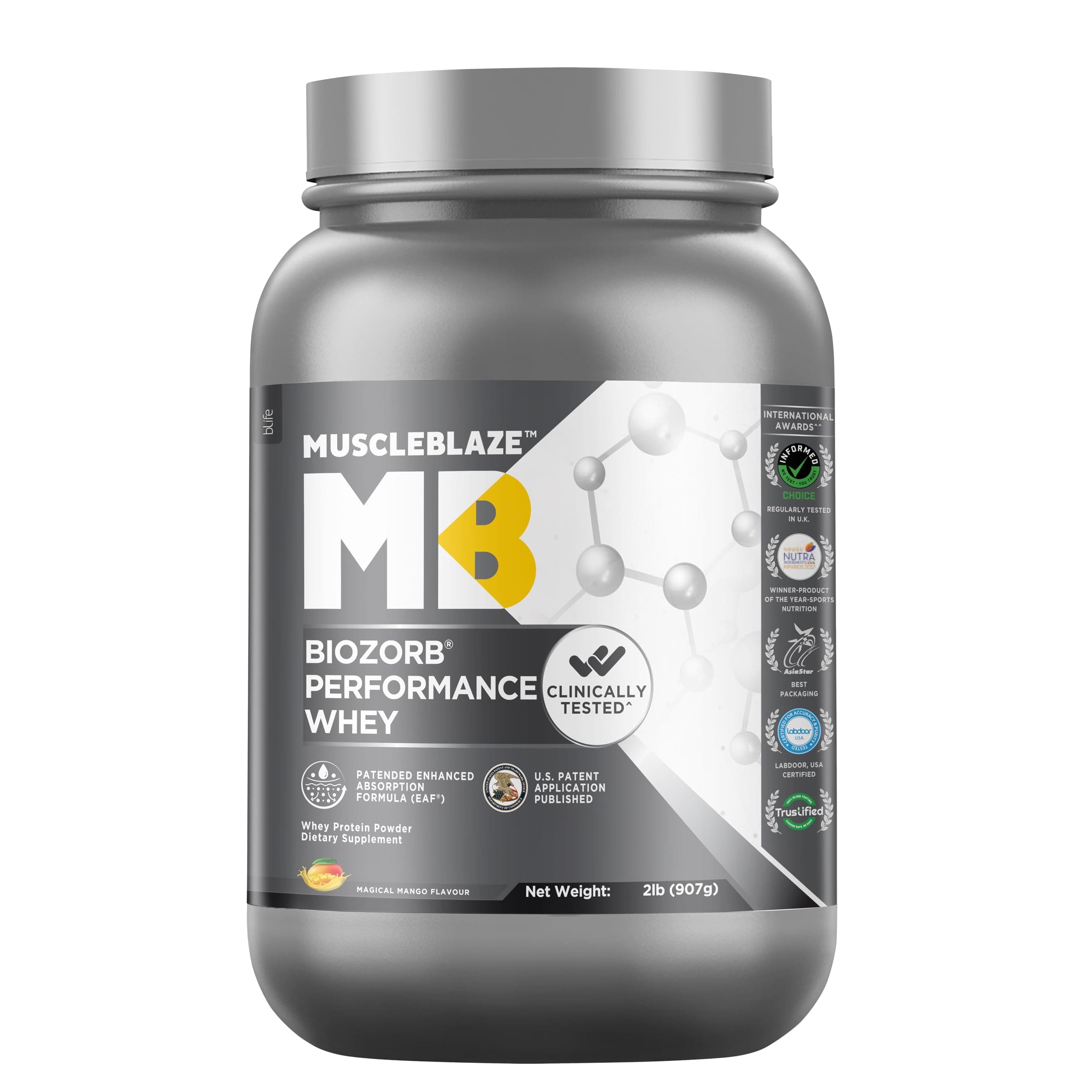 MuscleBlaze Biozorb Performance Whey Protein (Magical Mango, 2lbs / 907g) | Clinically Tested 50% Higher Protein Absorption