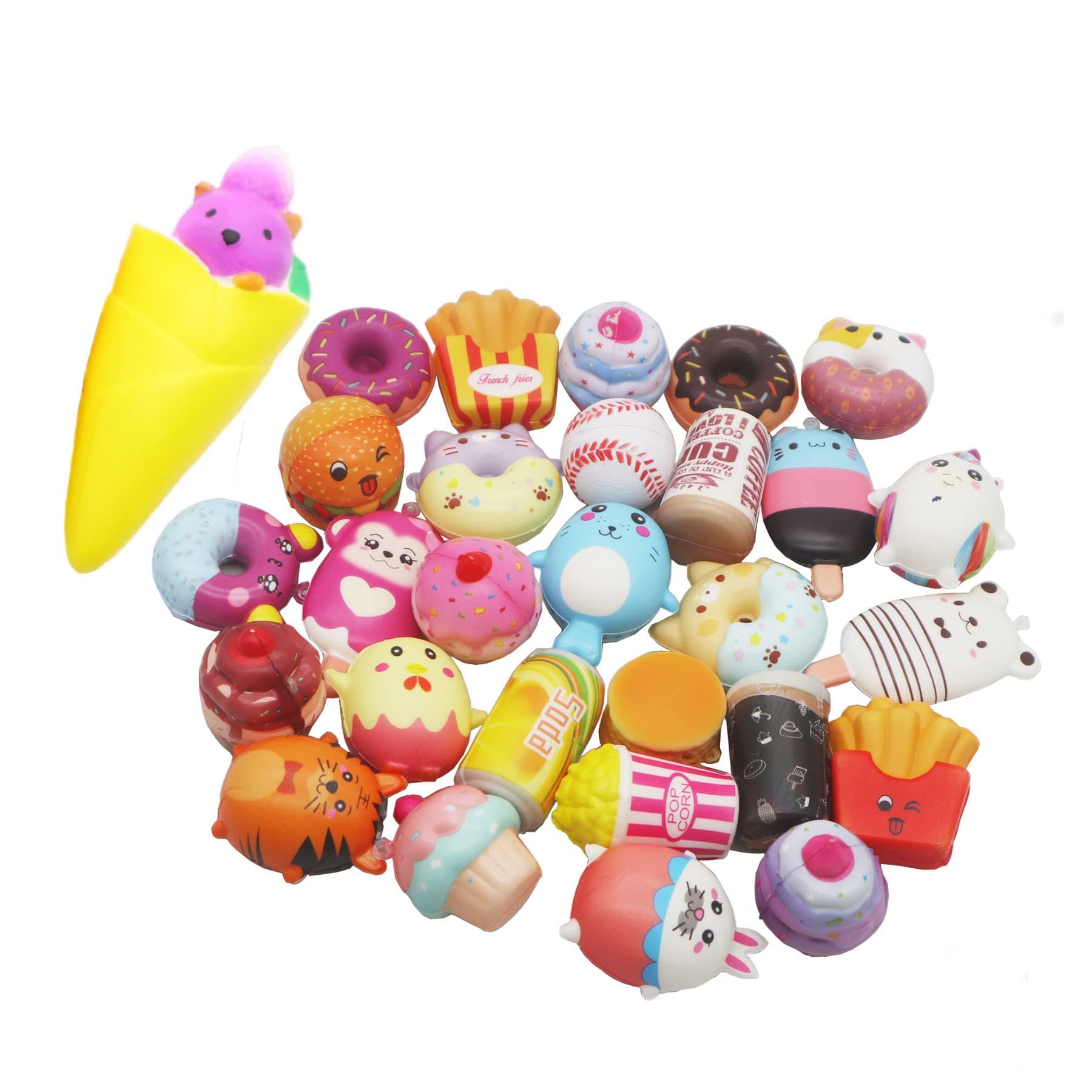 20 Pack Kawaii Squishies Sets Soft Slow Rising (1pc Jumbo + 19pcs Medium/Mini Size) Random Cake Bread Panda Bun Animals Cartoon Series with Phone Straps Squishy Kids Play Toys Charms