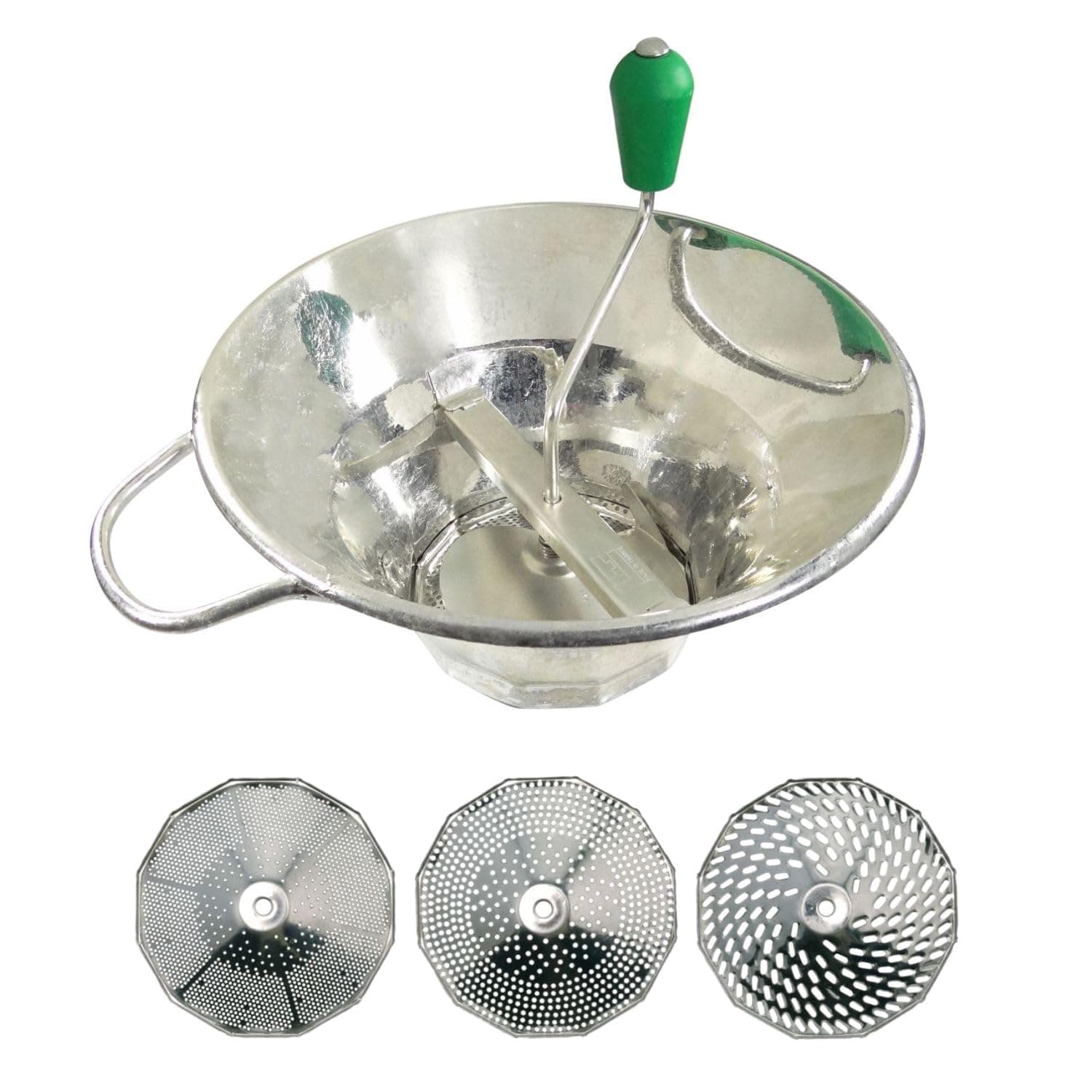 Manual Tin plated Food Mill - Includes 3 Discs - High Productivity (3.3 lbs/minute) - Soups, Purees, Compotes, Coulis – Robust – 12.2 in x 12.2 in x 9.8 in - Made in France
