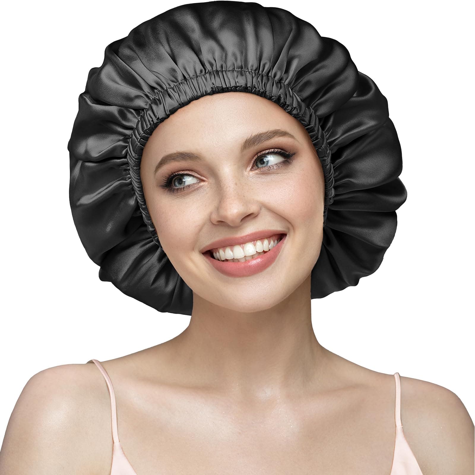 YFONG Double Layered 100% Silk Bonnet for Women, 22 Momme Pure Mulberry Silk Sleep Cap with Adjustable Elastic Band Stay On Head，Reduce Frizz, Keep Hairstyle, Soft & Breathable, Black, M