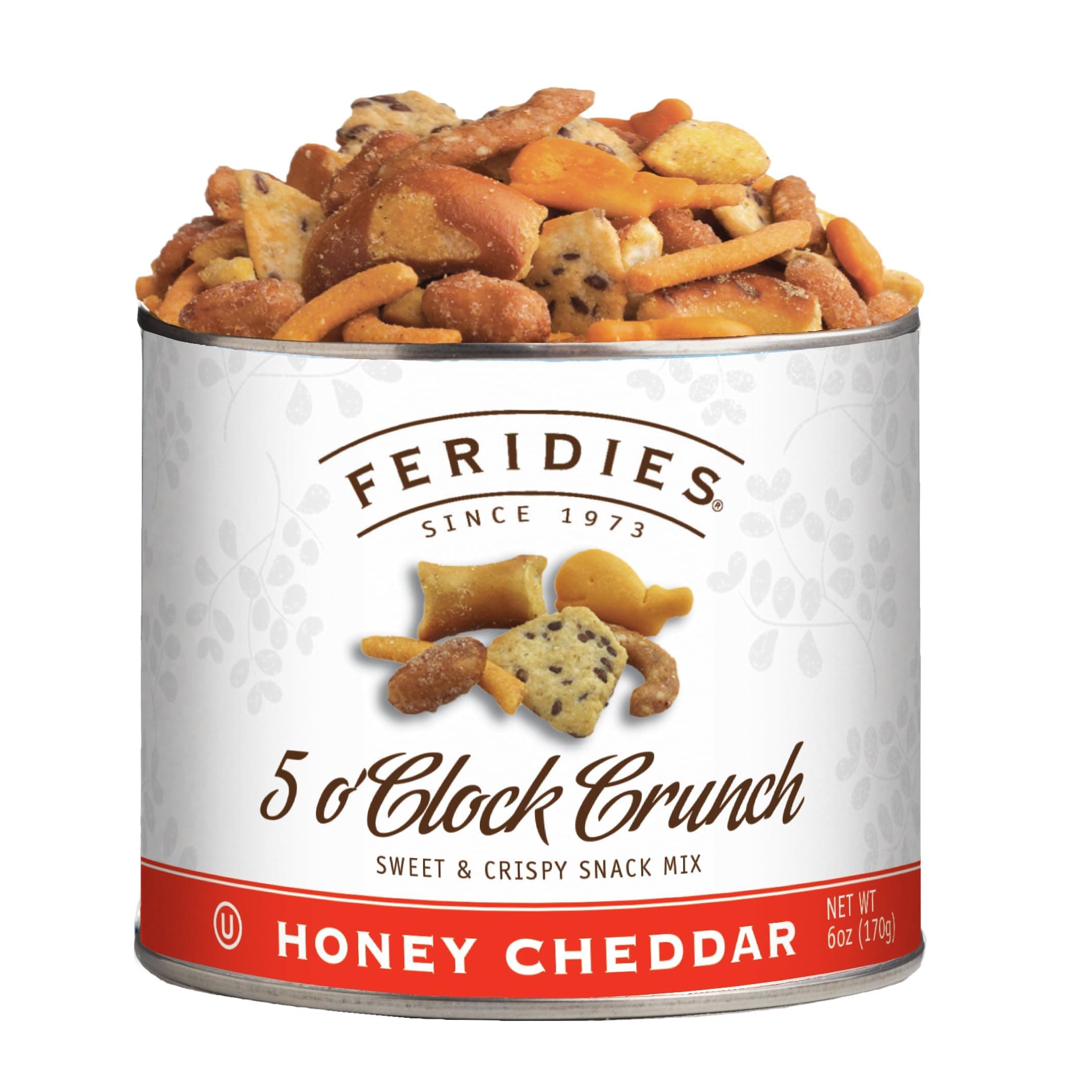 - FERIDIES Honey Cheddar 5 O'Clock Crunch Gourmet Sweet and Spicy Snack Mix, 6oz Tin