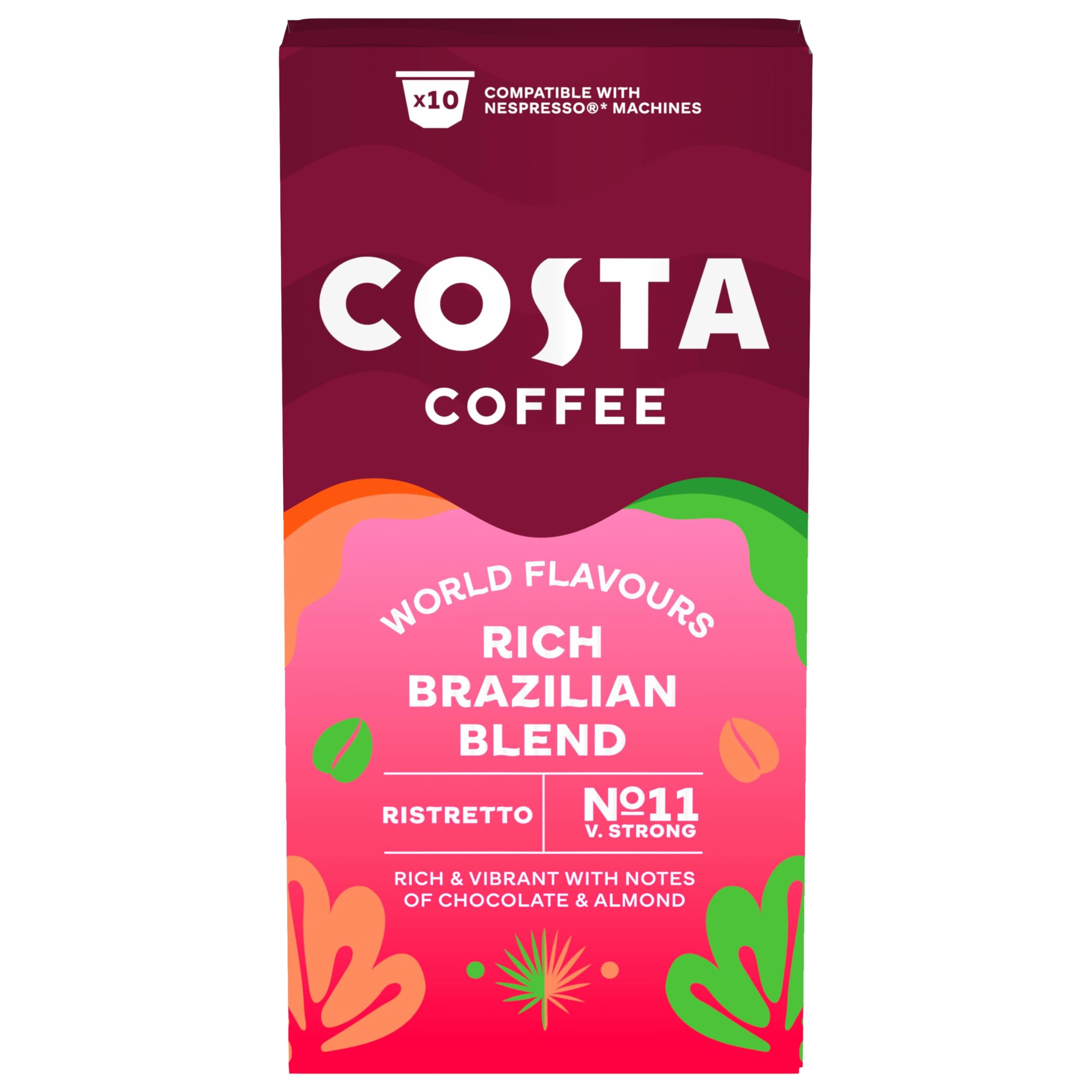 Costa Coffee Aluminium Capsules Compatible With Nespresso Brazilian Ristretto 10 Count, Dark Brown Coffee