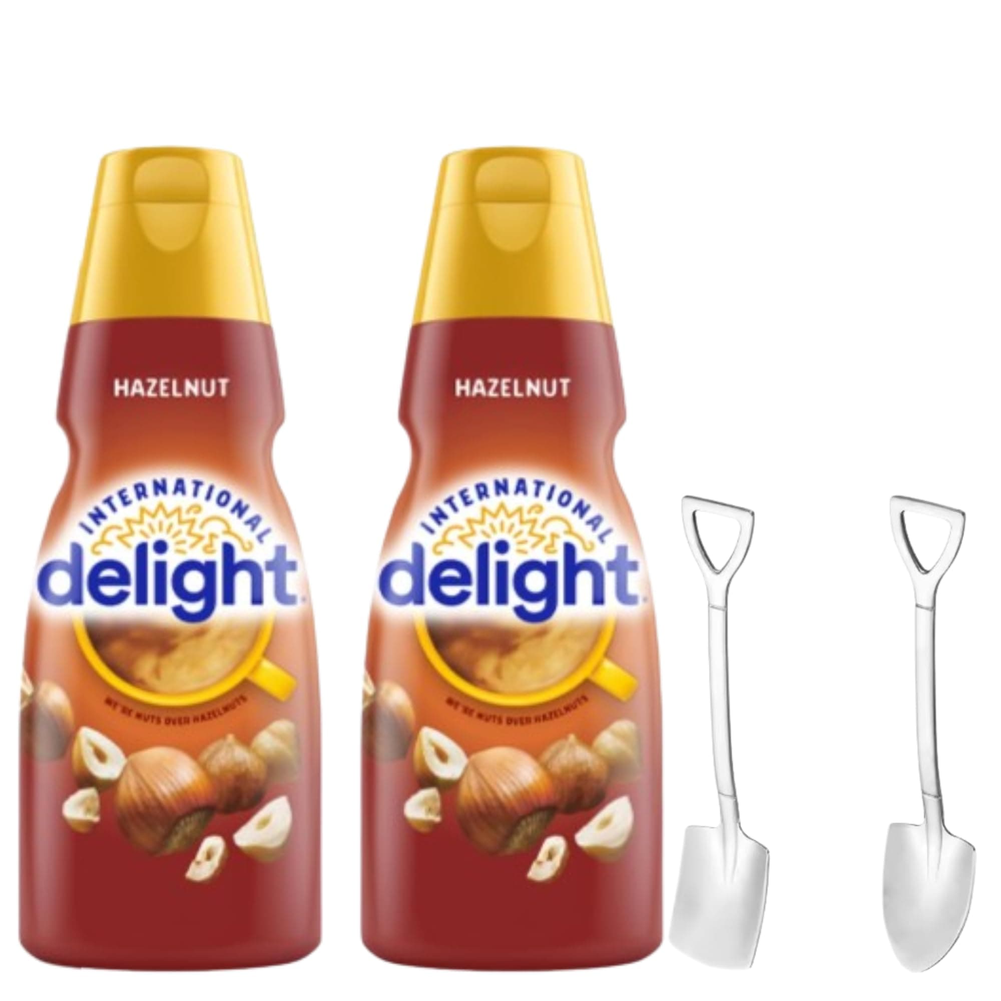 International-Delight Liquid Coffee Creamer.- Two (2) 32 fl oz Bottles of Creamy Smooth Delightful Coffee Creamer and Mini Metal Spoons (Hazelnut) Shovel Spoons