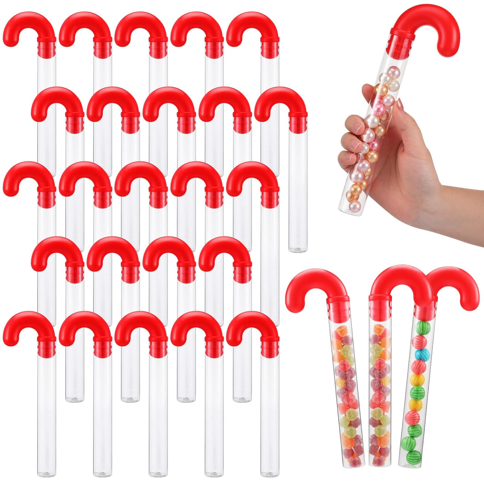 Lallisa 24 Pcs Large Christmas Candy Tubes 9.8 Inch Plastic Candy Container Clear Empty Candy Tube with Red Topper Christmas Party Supply Red Filled Holiday Stuffer Crutch Shaped for Christmas Party