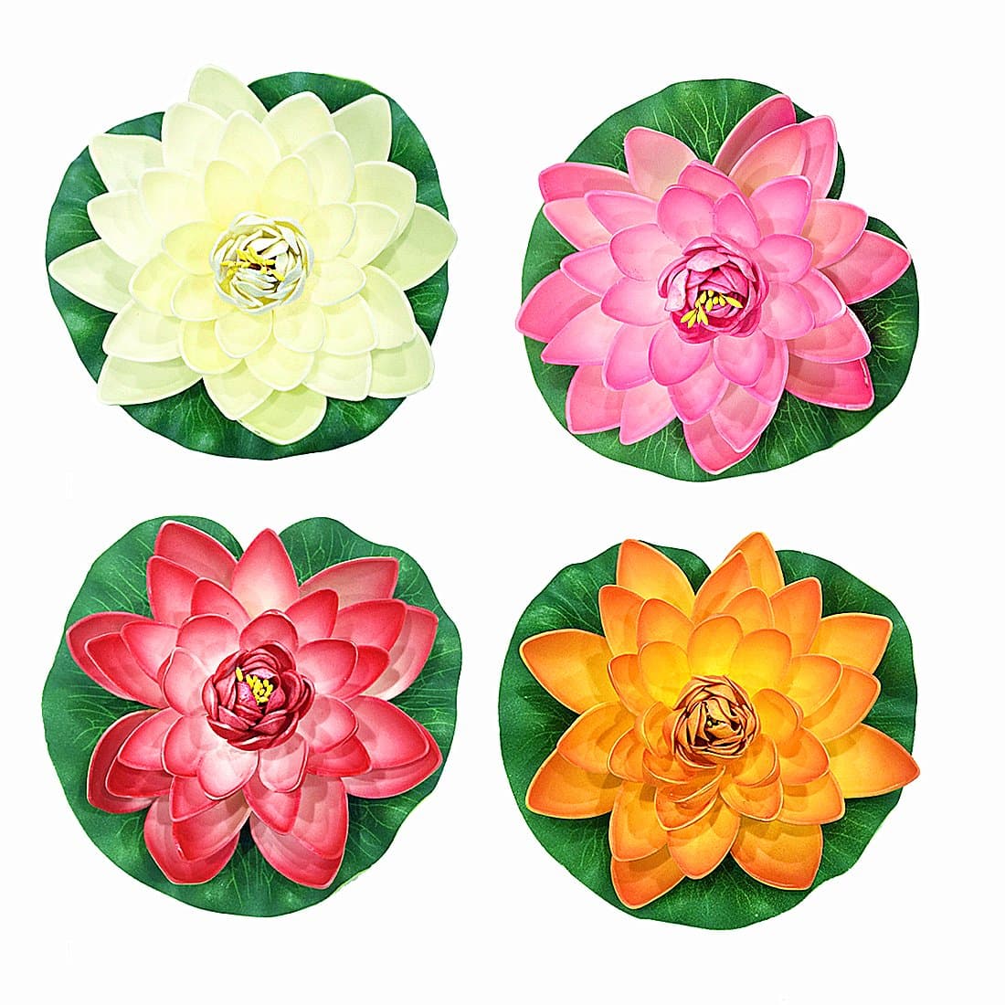 NAVADEAL 4PCS 7 Inch Artificial Floating Foam Lotus Flowers for Pool, Realistic Water Lily Pads, Pink Ivory White Orange Crimson, Perfect for Home Outdoor Patio Pond Aquarium Wedding Party Decorations