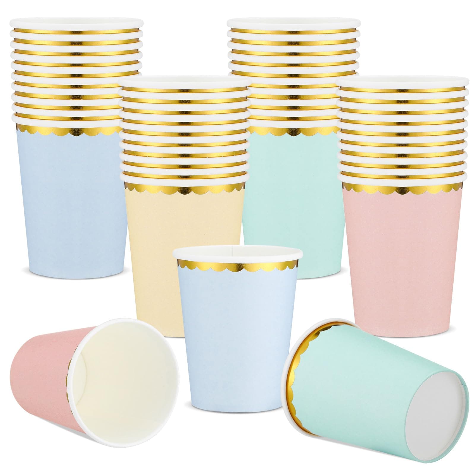Uiifan40 Pcs Pastel Paper Cups with Metallic Gold Border 9 oz Party Disposable Paper Cups Colored Paper Cups Paper Tea Cups for Party Coffee Beverage Wedding Party Supplies, 4 Colors