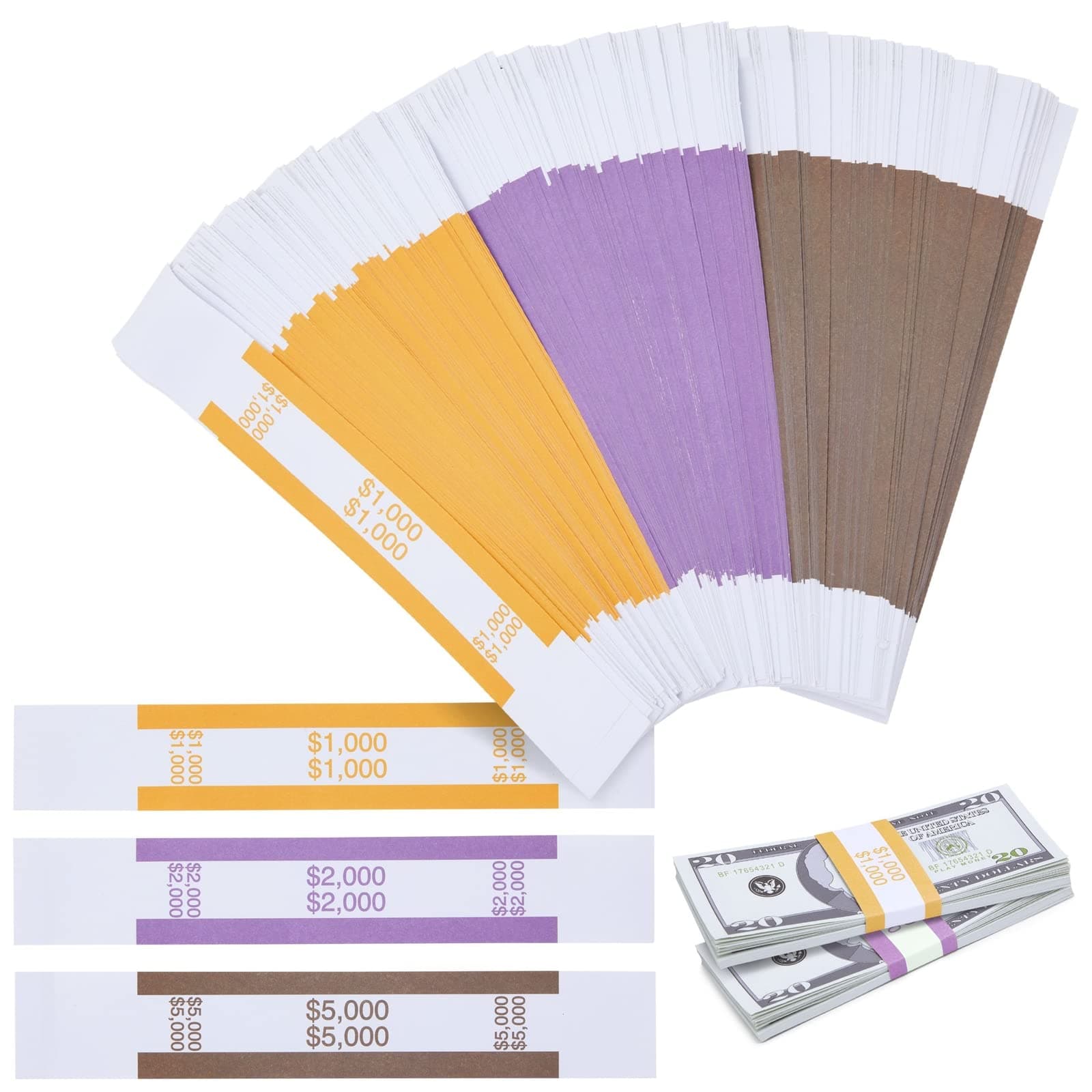 300-Pack Money Straps & Bands for Cash - 7.5 x 1.25 in, 3 ABA Standard Colors - Peel & Seal Currency & Bill Straps - Money Organizer for Home & Business