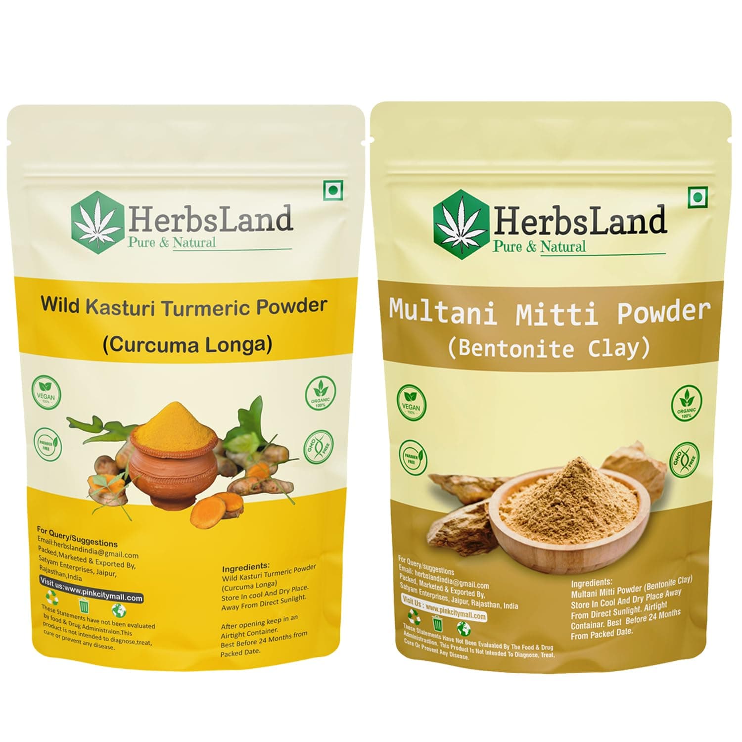 HerbsLand® 100% Pure Organic Wild Kasturi Turmeric Powder And Multani Mitti Powder for Face (100gm Each) (200 g)