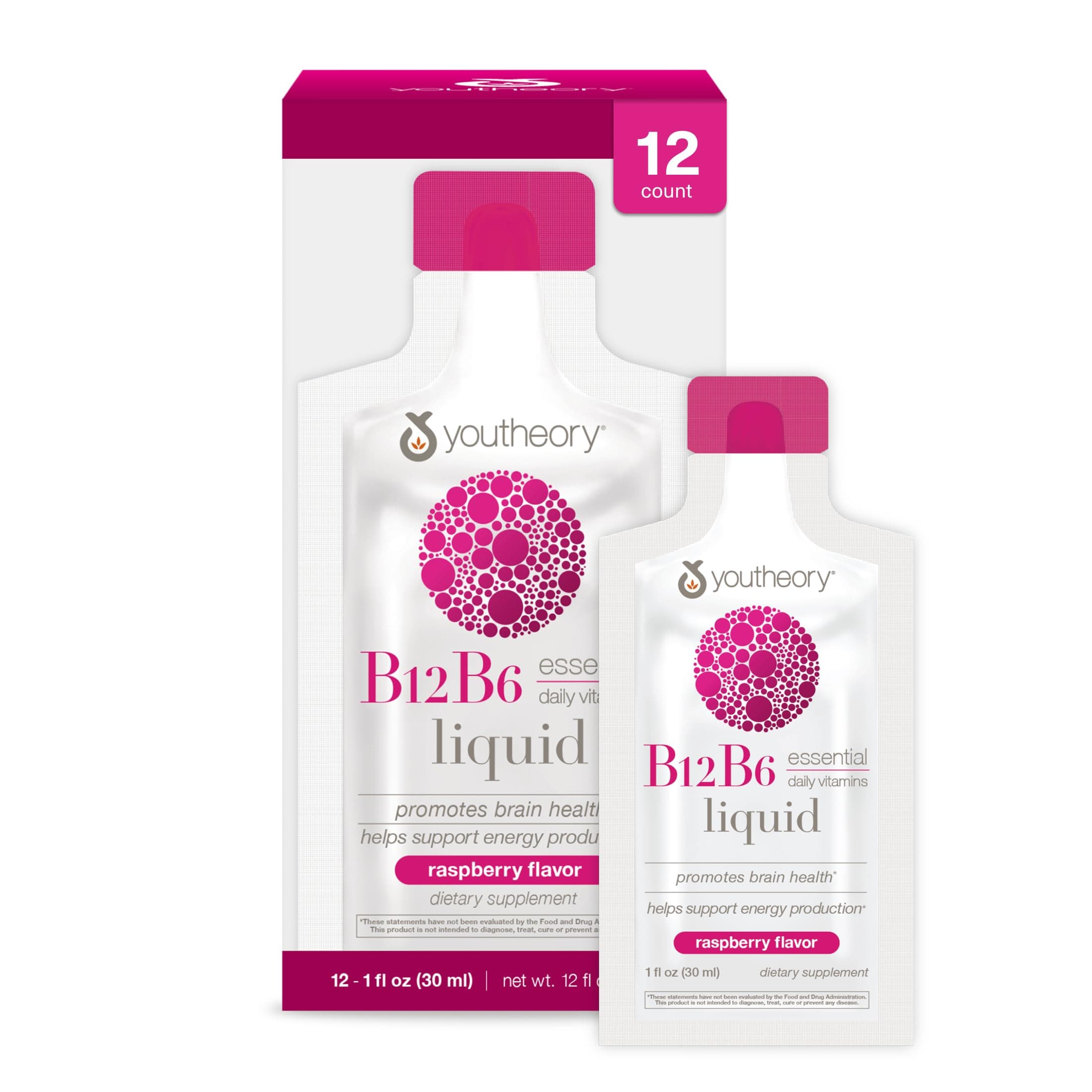 Vitamin B12 B6, Daily Energy and Brain Support Supplement, Liquid Raspberry Flavor, 12 – 1oz Single Serving Packets