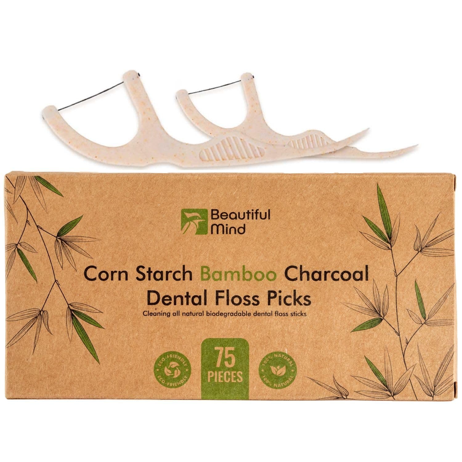 - Natural Dental Floss Picks 75 Pack – Organic Biodegradable Floss Sticks with Strong Bamboo Charcoal Thread & Vegan Cornstarch Handle – No Plastics, No Artificial Flavours - Kraft Paper Box