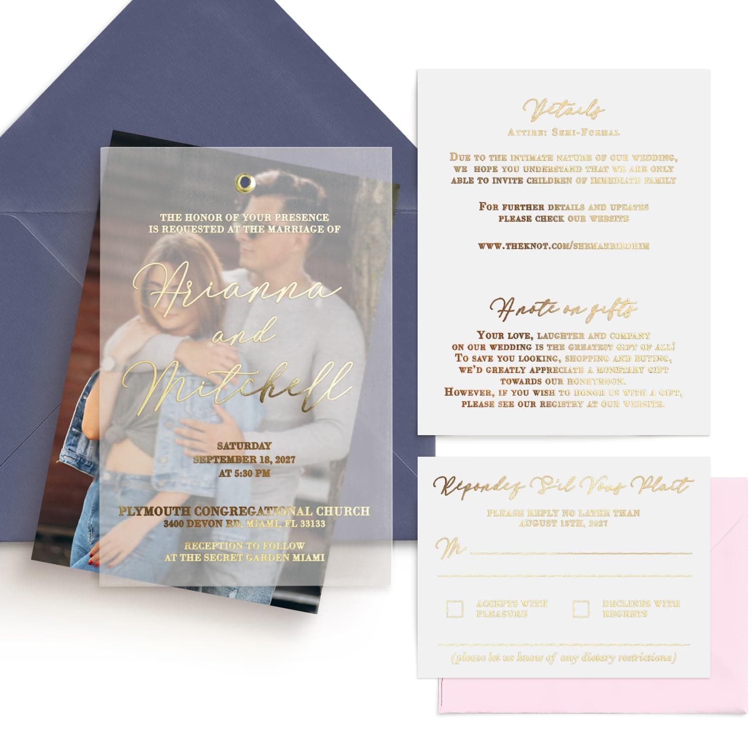 Gold Vellum Wedding Invitations with envelopes, RSVP cards, Details and Photo. Gold, Rose Gold and Silver Foil available (Vellum + Photo)