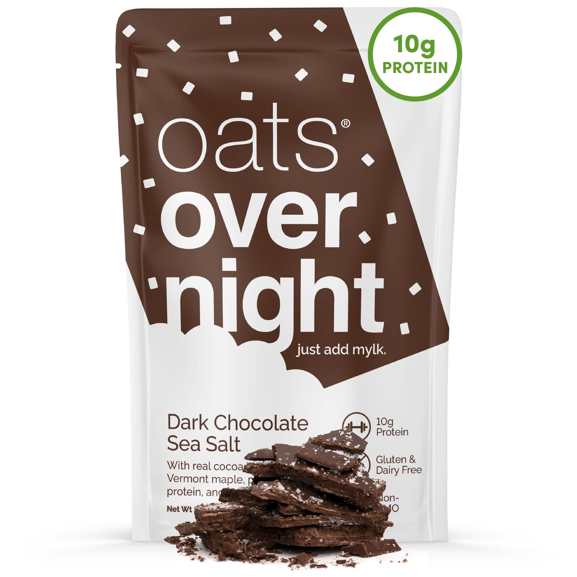 Oats Overnight - Dark Chocolate Sea Salt - Vegan, 10g Protein, High Fiber Breakfast Shake - Gluten Free, Non GMO Oatmeal (2.2 oz per meal) (8 Pack)