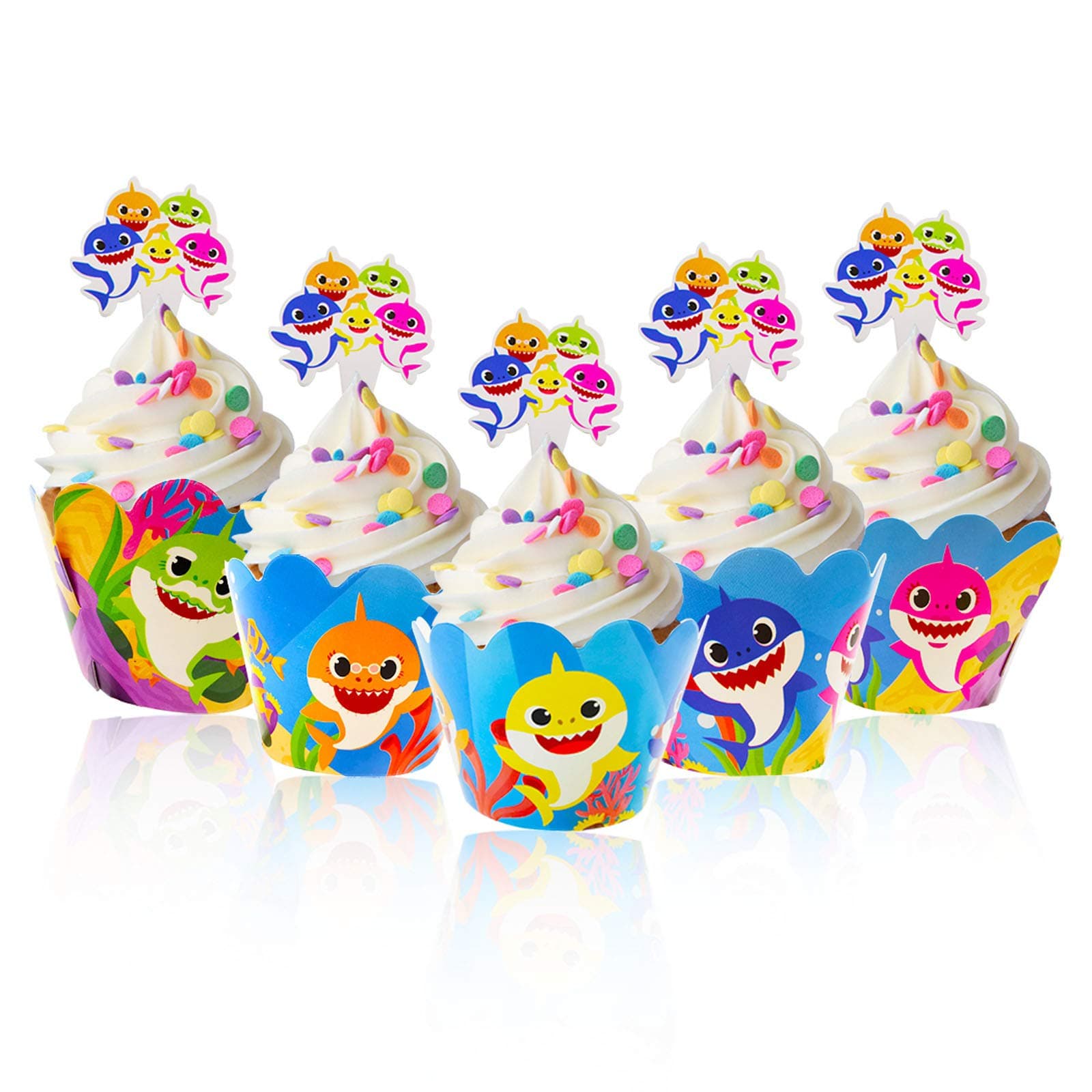 48 Pcs Baby Shark Cupcake Toppers and Wrappers, 24 Set Cute Shark Cupcake Liners & Decorations for 1st, 2nd Boys and Girls Birthday Party, Baby Shower, Shark Themed Party