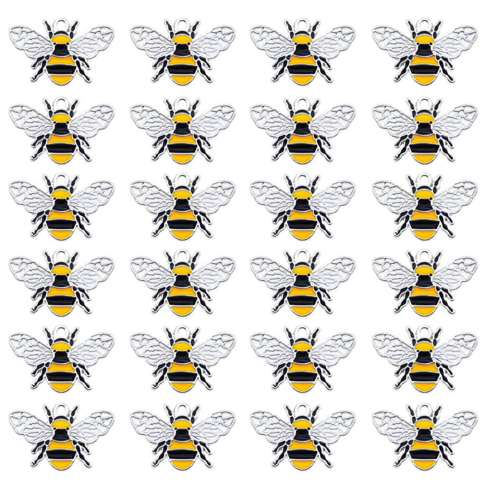 Lot of (x24) Silver Black Colorful Enamel Oil Drip Alloy Metal Honeybee Craft Bee Charms 1 by 0.7 inch (approx.26x17mm) Bracelets Earrings Pendants Making Jewelry Findings