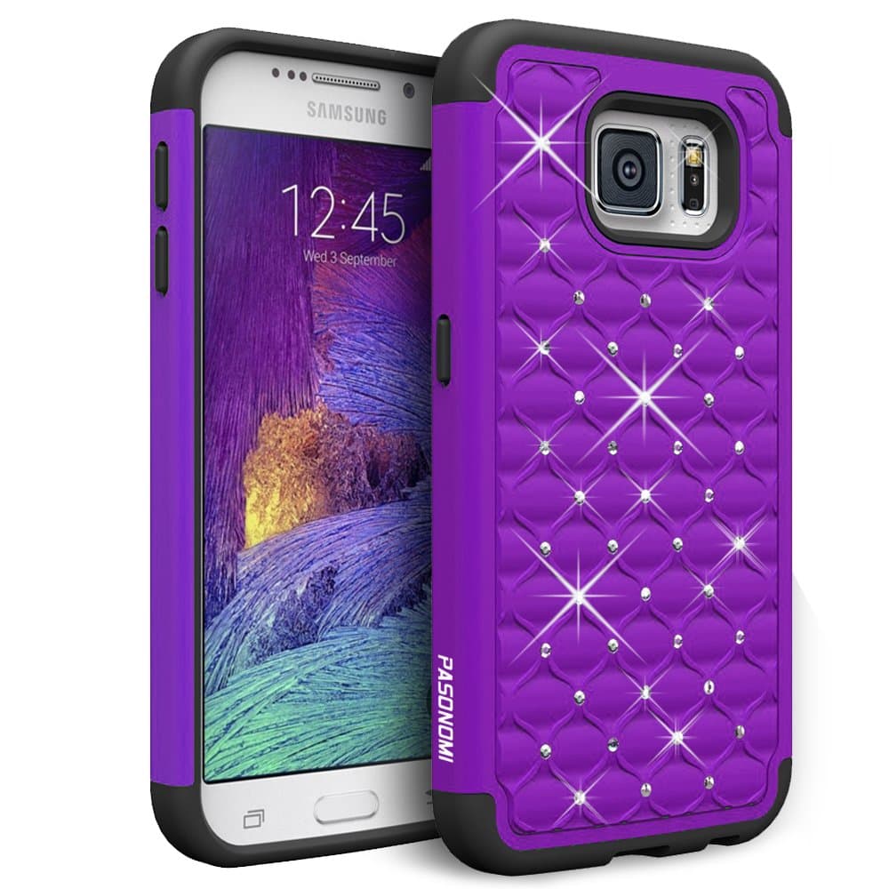 PASONOMI Galaxy S6 Case, Hybrid Stud Rhinestone Bling Armor Defender Case Cover for Samsung Galaxy S6 with Dazzling Diamond (Purple)