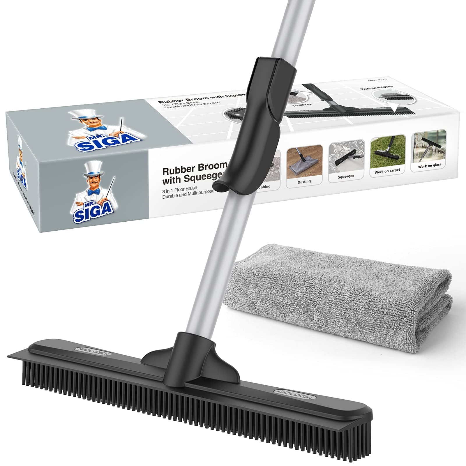 MR.SIGA Pet Hair Removal Rubber Broom with Built in Squeegee, 3 in 1 Floor Brush for Carpet, 61 inch Adjustable Handle, Includes 1 Microfiber Cloth for Floor Dusting