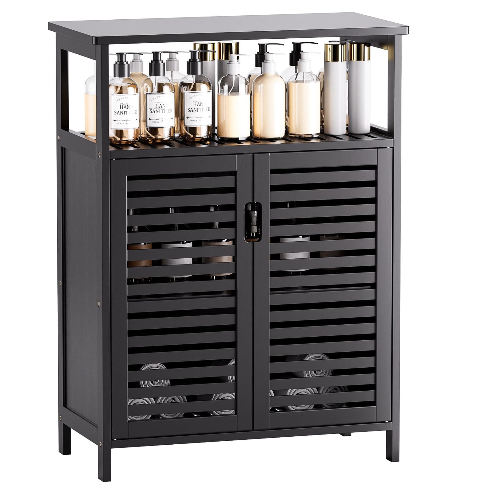 HITNET Black Bathroom Storage Cabinet, Freestanding Bamboo Floor Cabinet 4 Tier Tall Kitchen Cupboard with Door and Shelves