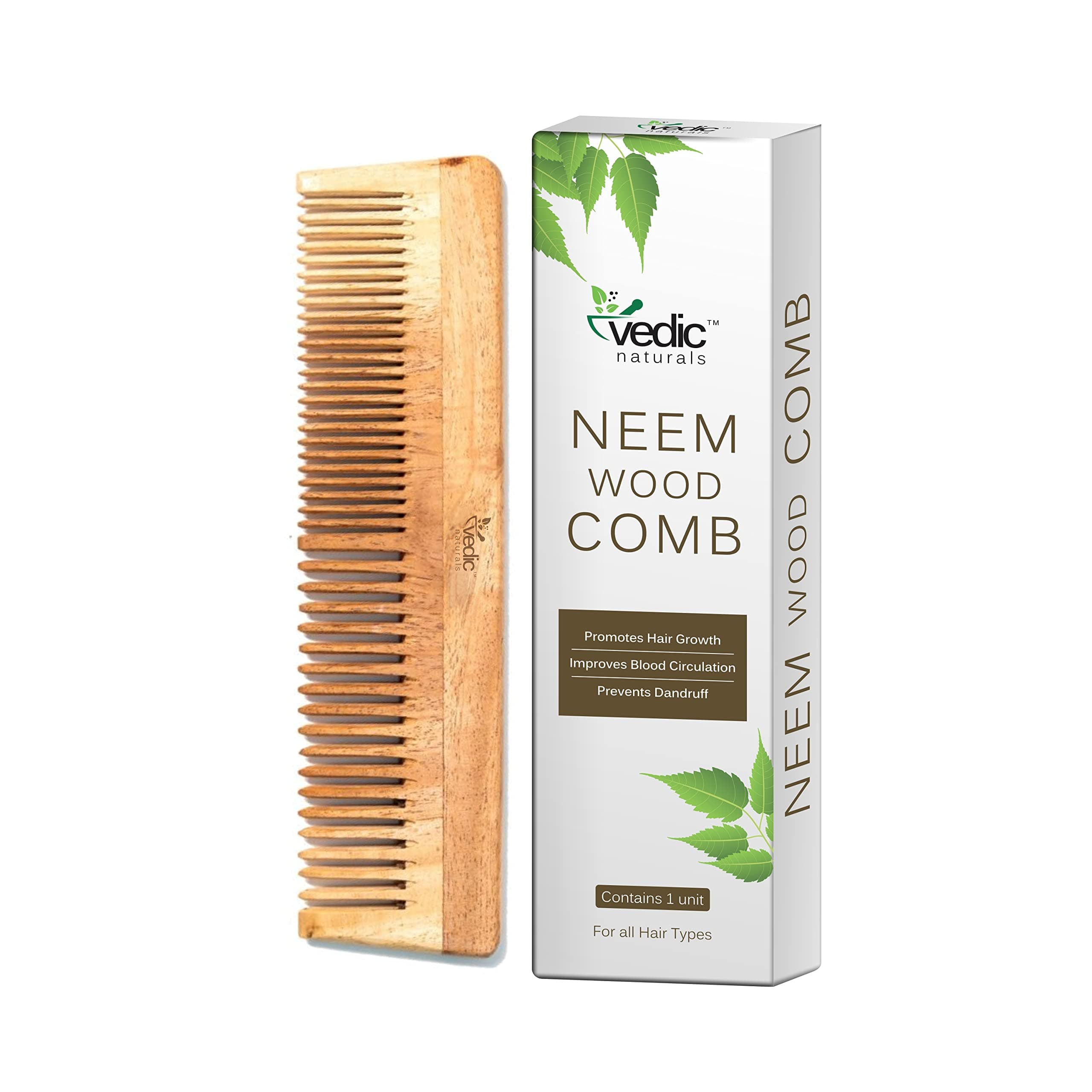 100% Pure & Natural Neem Wood Comb | Promotes Hair Growth, Reduces Hair Fall & Control Dandruff | Wide & Thin Teeth