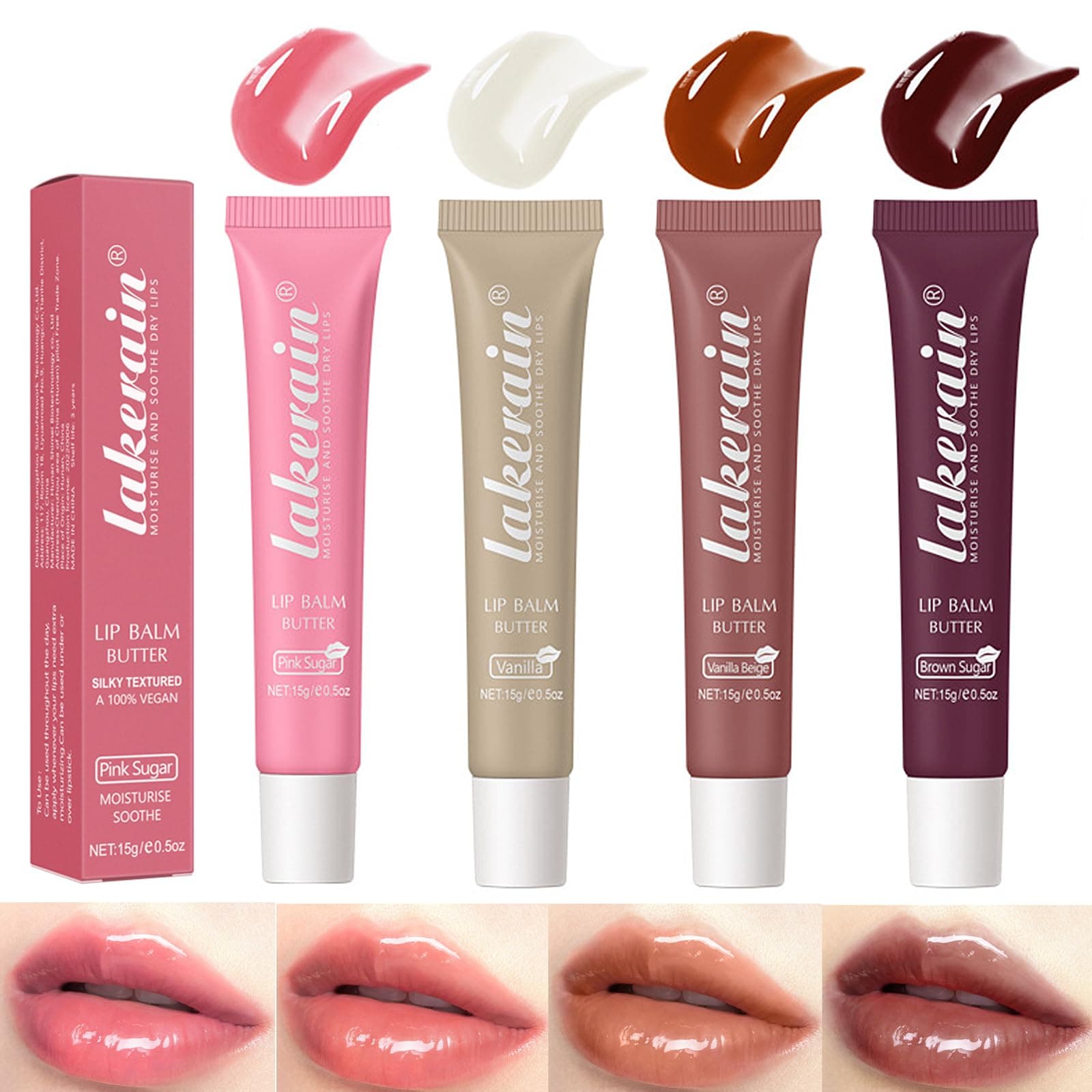 4 Color Glossy Lip Butter Balm, Moisturizing Lip Gloss Butter Non Sticky High Shiny Finish Lip Glow Oil, Natural Plumping Lip Tint Lip Care & Repair Lip Mask for Soft & Smooth & Protect Dry Lip