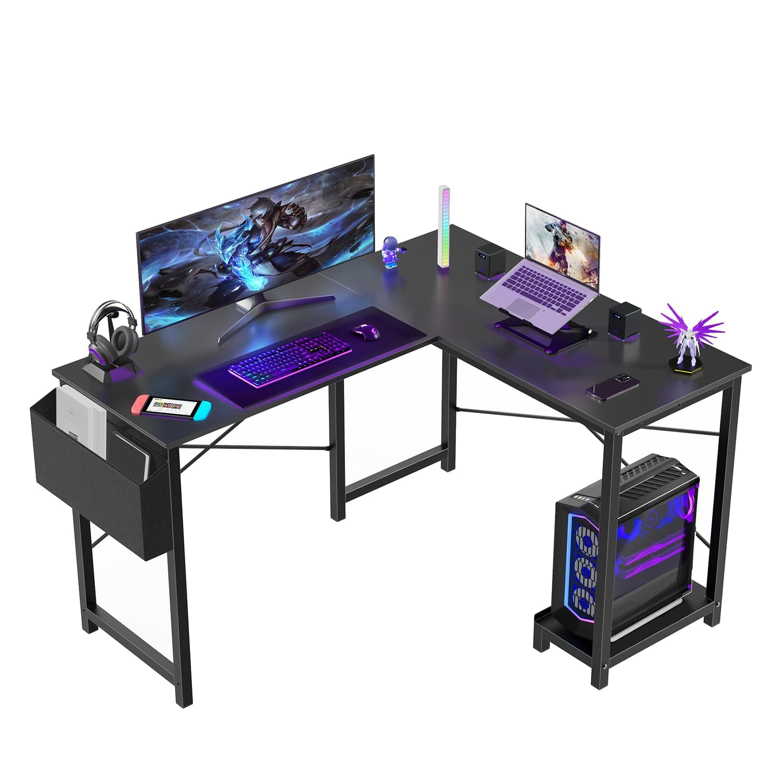 Sweetcrispy L Shaped Desk - Computer Desk Corner Desks Gaming Desk PC Table with CPU Stand Side Bag for Home Office Dorm Sturdy Writing Workstation, Black, 50-Inch