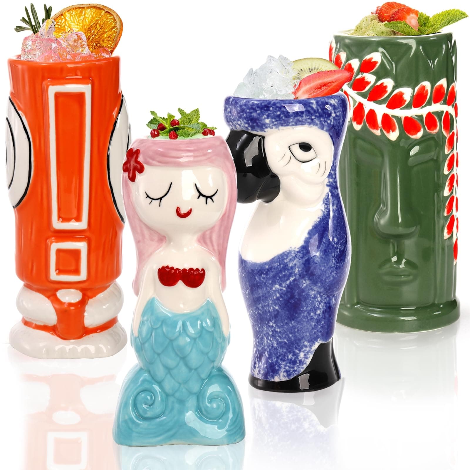 Peohud 4 Pack Ceramic Tiki Mugs, Exotic Tiki Glasses for Cocktails, Hawaiian Party Mugs, Tropical Tiki Drinking Tumbler Cups for Mai Tai, Pina Colada, Tiki Bar Professional Barware