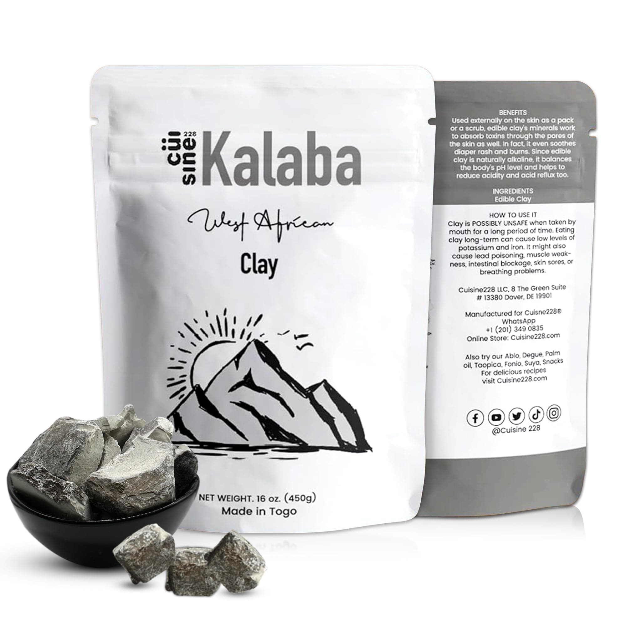 Cuisine228 Natural Clay, Kalaba – 100% Natural, Chemical-Free Detox Kaolin – Calaba, Marble Chalk 16oz | Hard Crunchy | Made in Togo