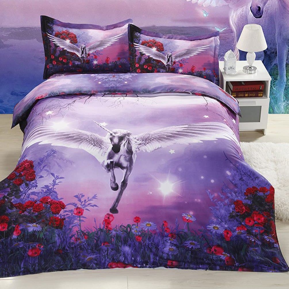 3D Flying Unicorn Flower Printing Polyester Fiber Bedding Set Queen Size 4 Pieces Duvet Cover Flat Sheet Pillowcases