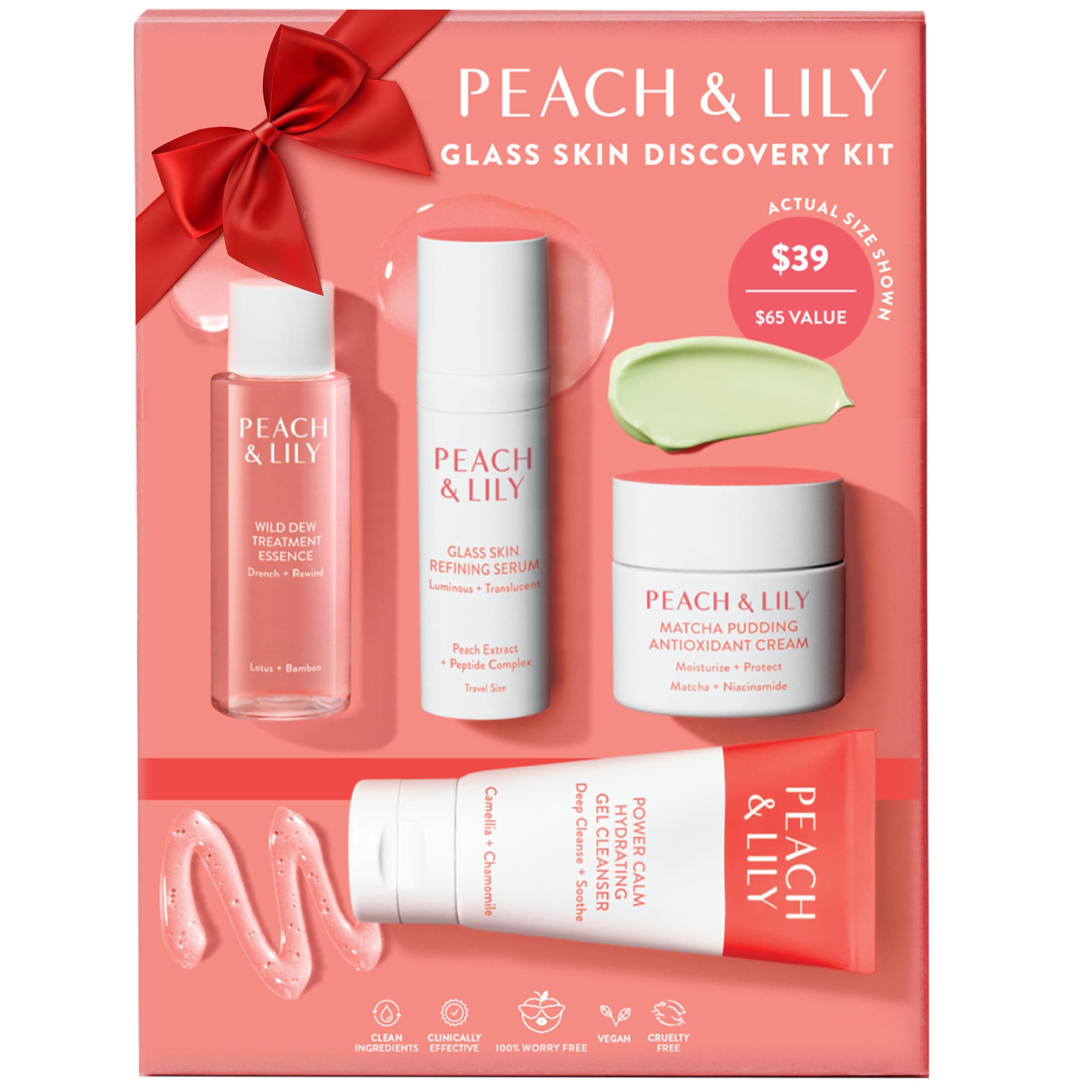 Peach & Lily - Glass Skin Discovery Kit (4 Products) - 1 Cleanser, 1 Essence, 1 Serum & 1 Cream - Skin Care Set - Acne Routine - Travel Essentials - Self Care - Vegan & Cruelty Free - Korean Beauty