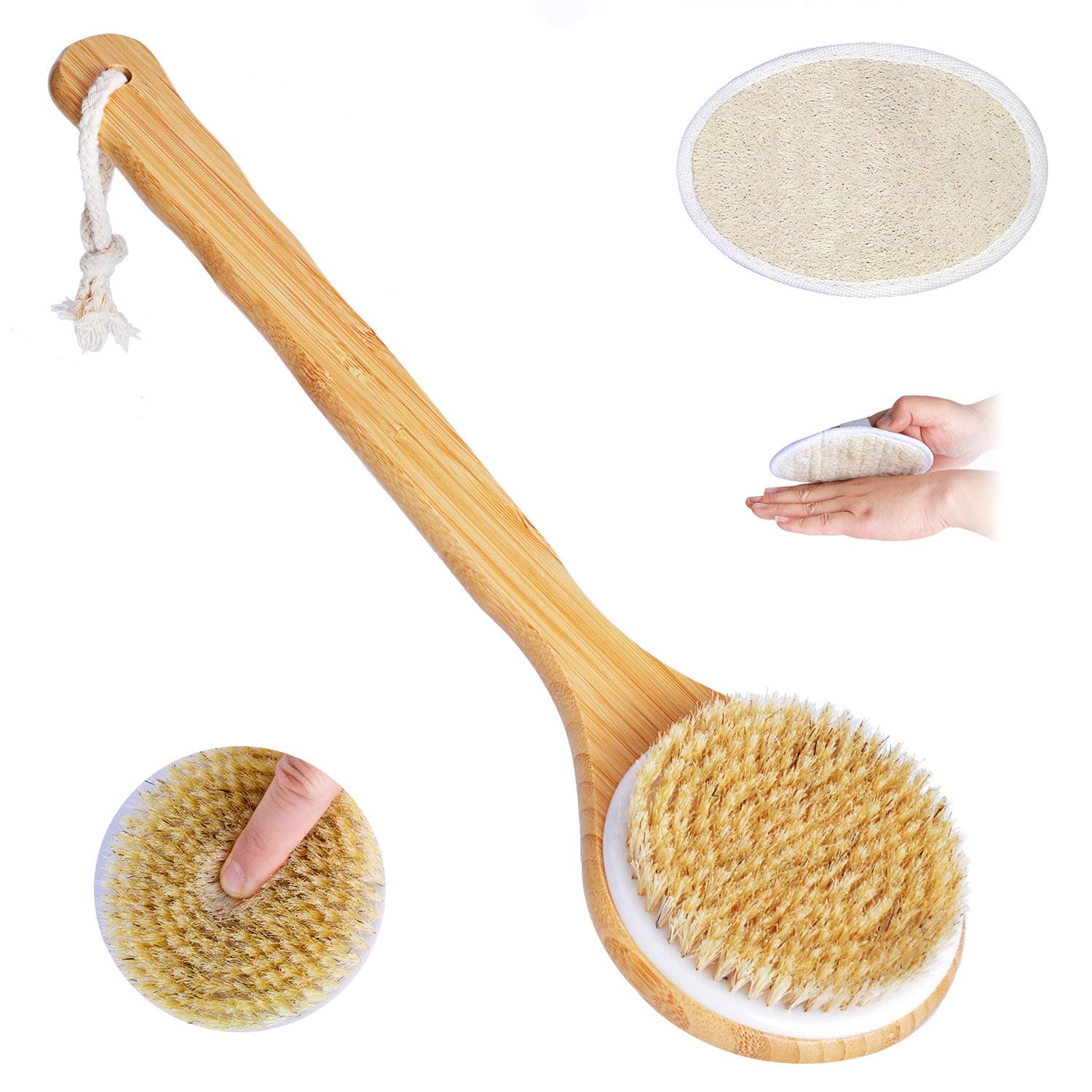 Body Brush Back Scrubber, Long Bamboo Wooden Handle Bath Shower Brush Natural Bristles Dry Skin Cellulite Brush with Exfoliating Loofah Pad