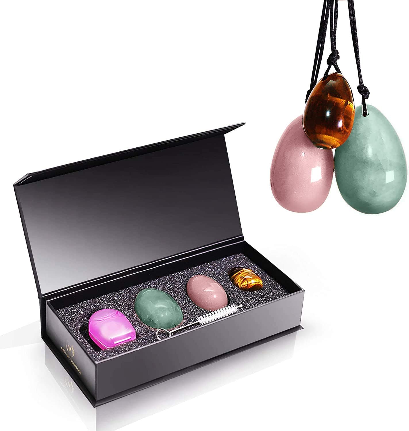 JOPROCH Magical Yoni. 3 pcs Set of Drilled Natural Yoni Eggs for Women. Rose Quartz, Jade, Tiger Eye. Perfect for Kegel, Training Your Pelvic Floor and Yoga Exercise.