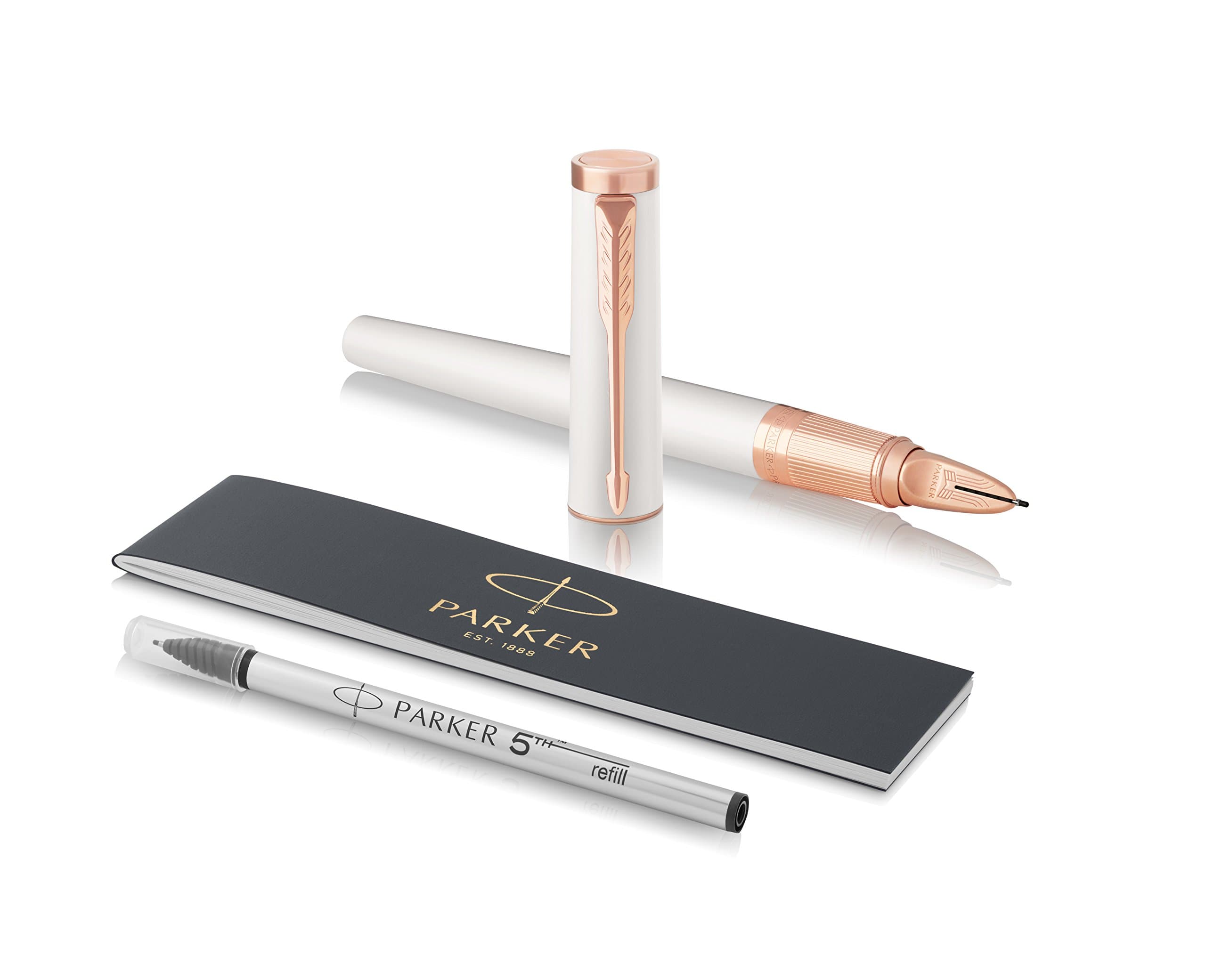 (Fine Nib, Slim Body, Pearl Lacquer) - Parker Ingenuity 5th Technology Pen, Fine Point with Black Ink Refill 1931451 - Slim Pearl with Pink Gold Trim