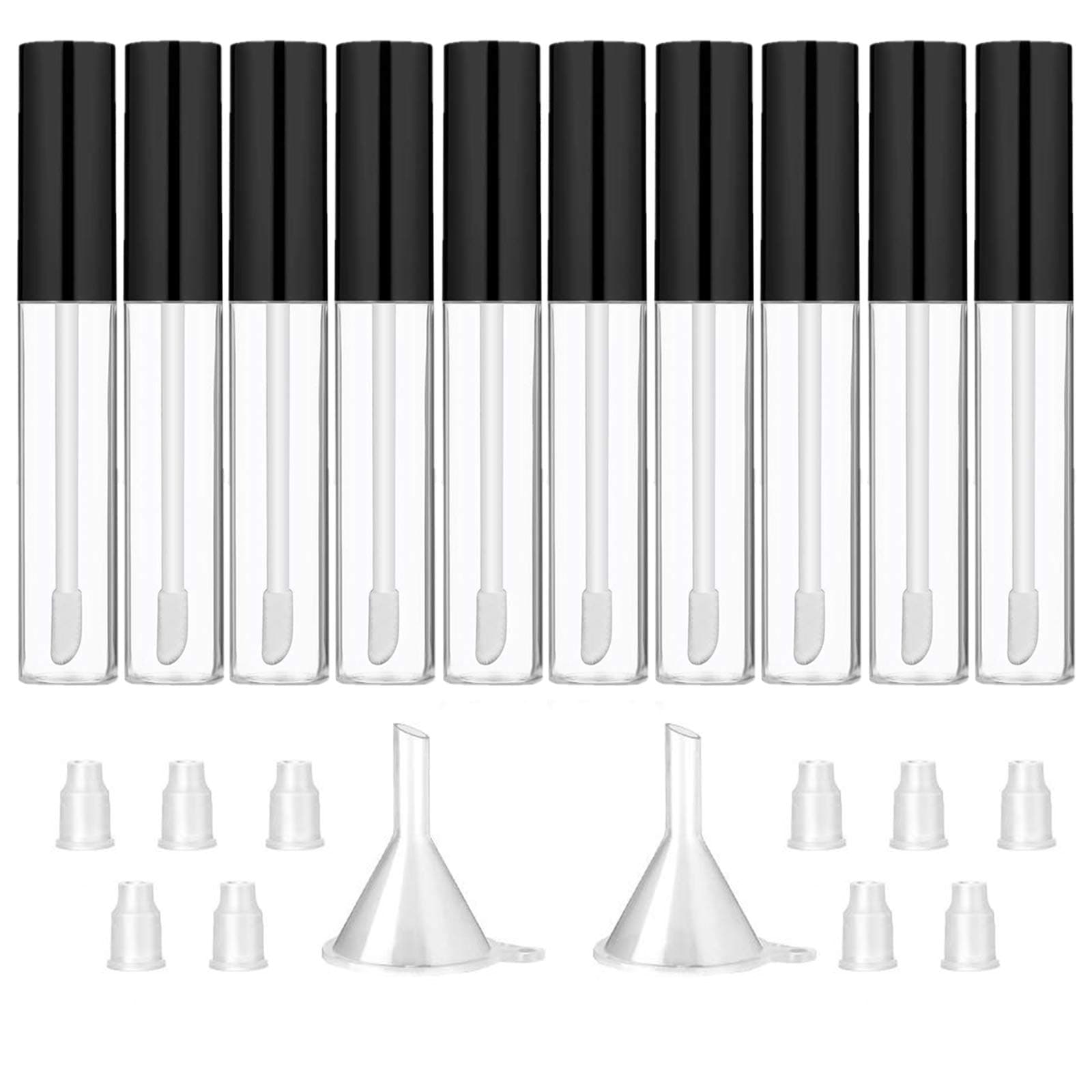 GTHER 10PCS 10ML Empty Lip Gloss Containers Tube with Wand, Refillable Lip Balm Bottles, Lipstick Sample Container and Funnel and Rubber Stoppers for Girls DIY Lip Samples, Black Top