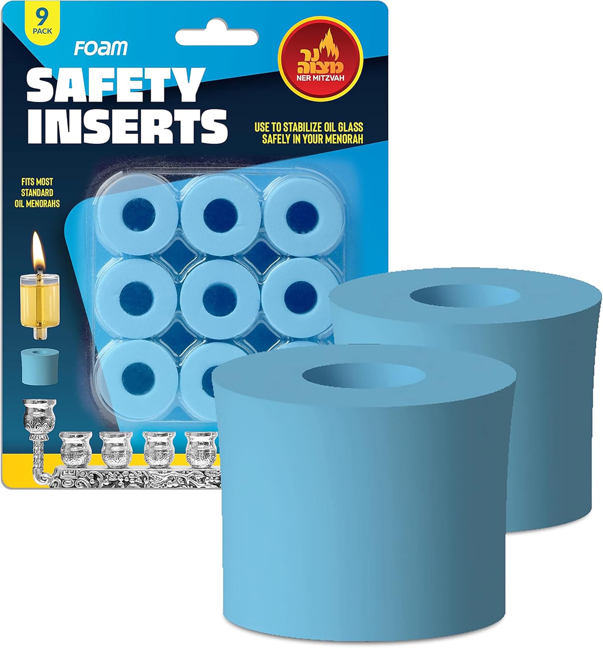Ner Mitzvah Safety Foam Inserts for Oil Candle Cups - 9 Pack - for Hanukkah Menorah Oil Cups and Shabbos Candles in Canadlabras