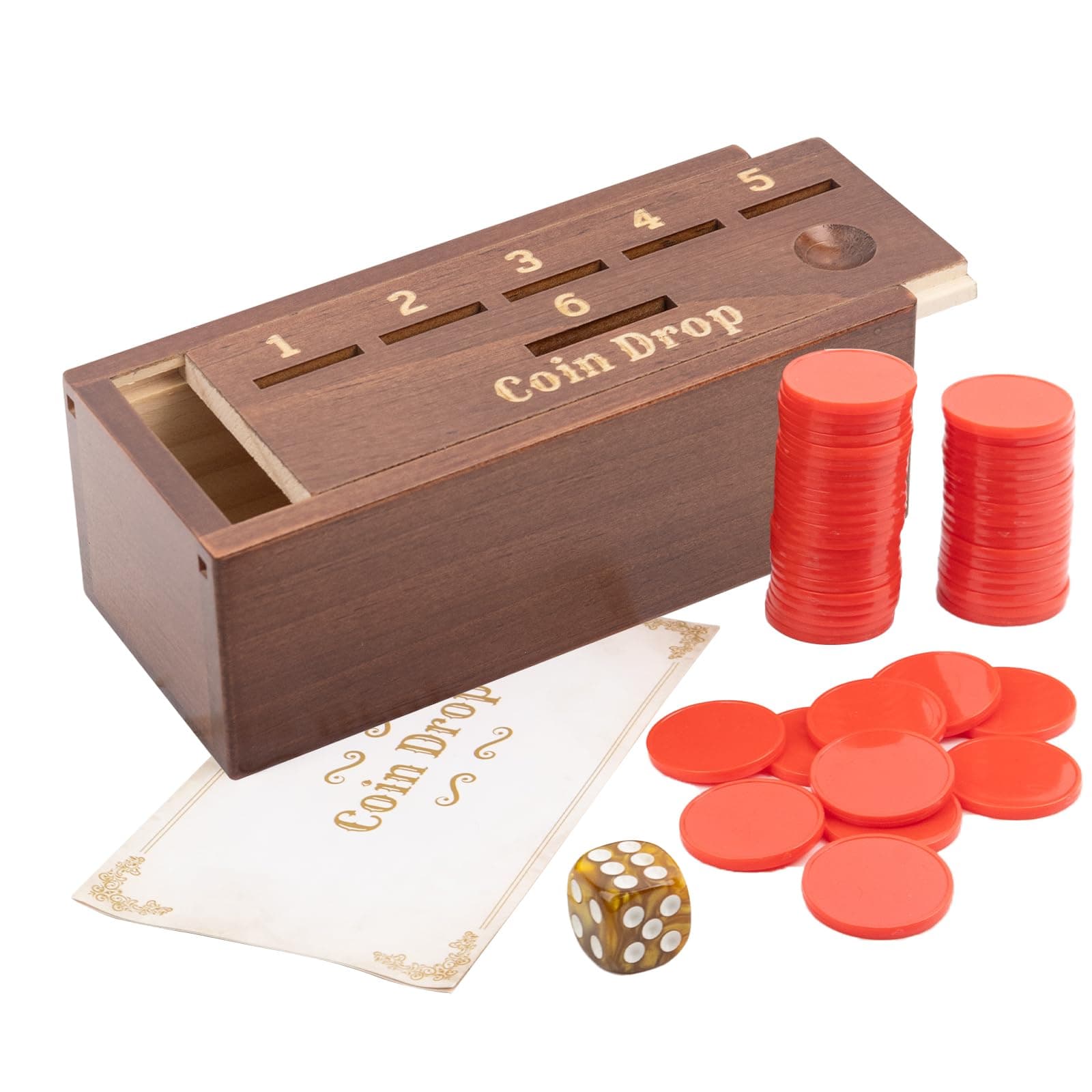Extguds Wooden Penny Game with 50 Coins,Penny Game Wood Box and 1 Dice for 2-6 Players,A Fun Board Game to Interact with Family and Friends