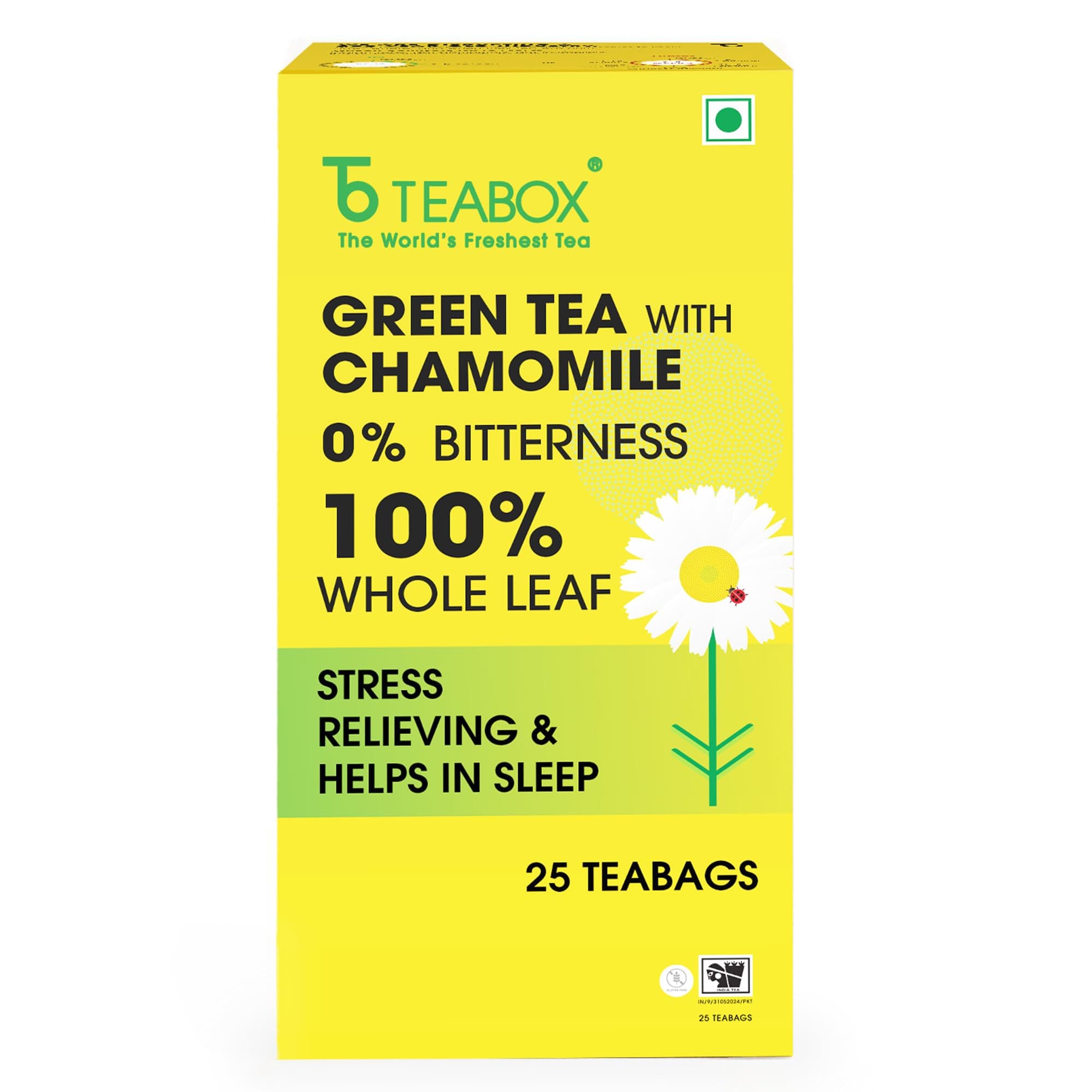 Teabox Premium Darjeeling Green Tea With Chamomile Flowers | 100% Whole Leaf & 0% Bitterness | Green Tea From The Himalayas | 25 Tea Bags (Low Caffeine)