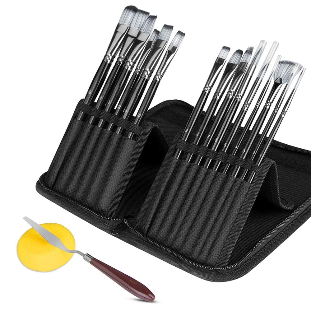 omitium Artist Paint Brush Set,15Pcs Different Shapes & Sizes Paint Brushes Set for Acrylic Watercolor Oil Creative Body Paint with Portable Carrying Case,Palette Knife and Sponge