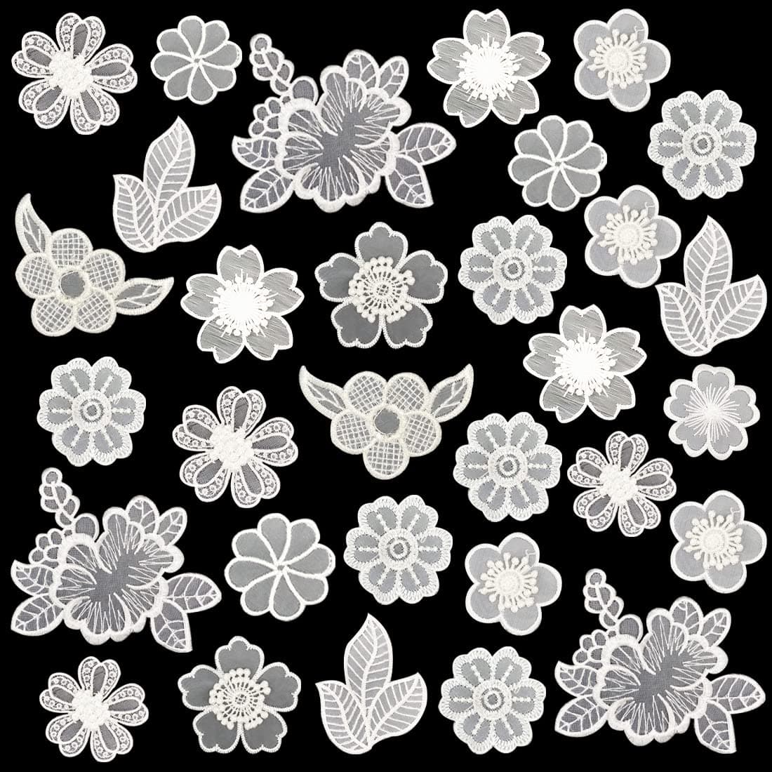 30 PCS Lace Flowers Applique Embroidery Leaf Sew On Patch, Organza Patches Flowers Applique for Wedding Bridal Dress Sewing Craft DIY Clothes Hair Ornaments (White)