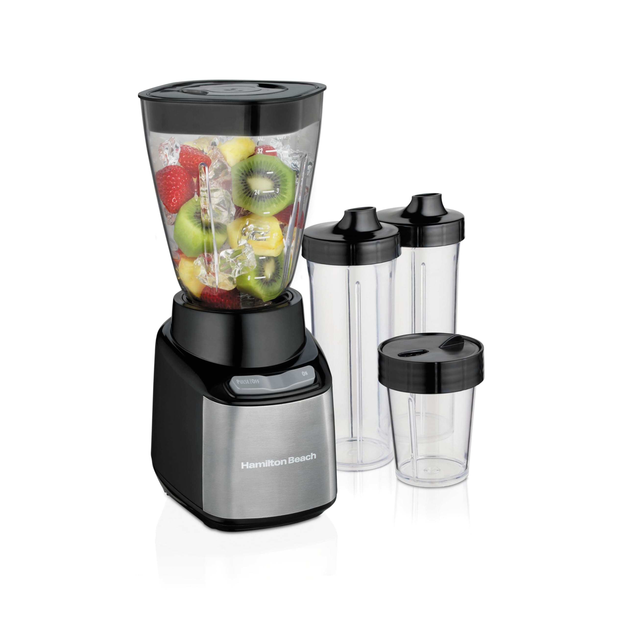 MultiBlend Smoothie Blender with 4 Shatterproof BPA Free Jars and Lids; Large 32oz Jar, 8oz Grinder for Nuts & Spices, and 2 Portable Travel Cups, 650 Watts, Black and Stainless (52400)