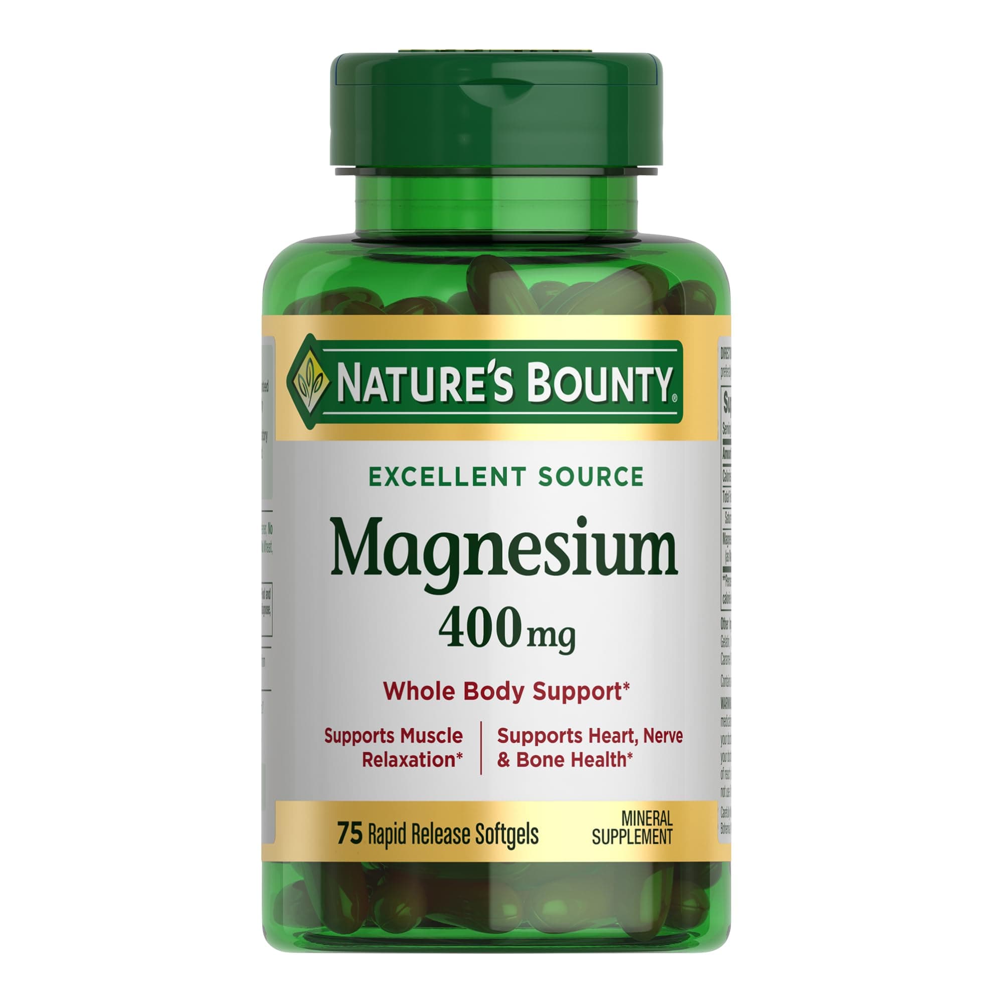 Nature's Bounty Magnesium 400 mg Softgel, Whole Body Support, Magnesium Supplements for Men and Women, Heart, Nerve & Bone Health, 75 Softgels (Pack of 1)