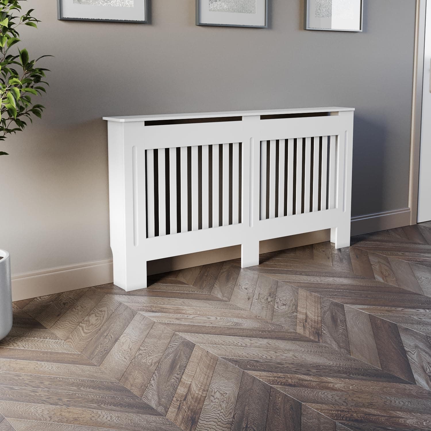 DuraThermRadiator Cover White Painted Modern Vertical Slat Shelves MDF Cabinet Shelf for Radiators, Living Rooms, Bedrooms, Large (W: 152cm / H: 81.5cm / D: 19cm)