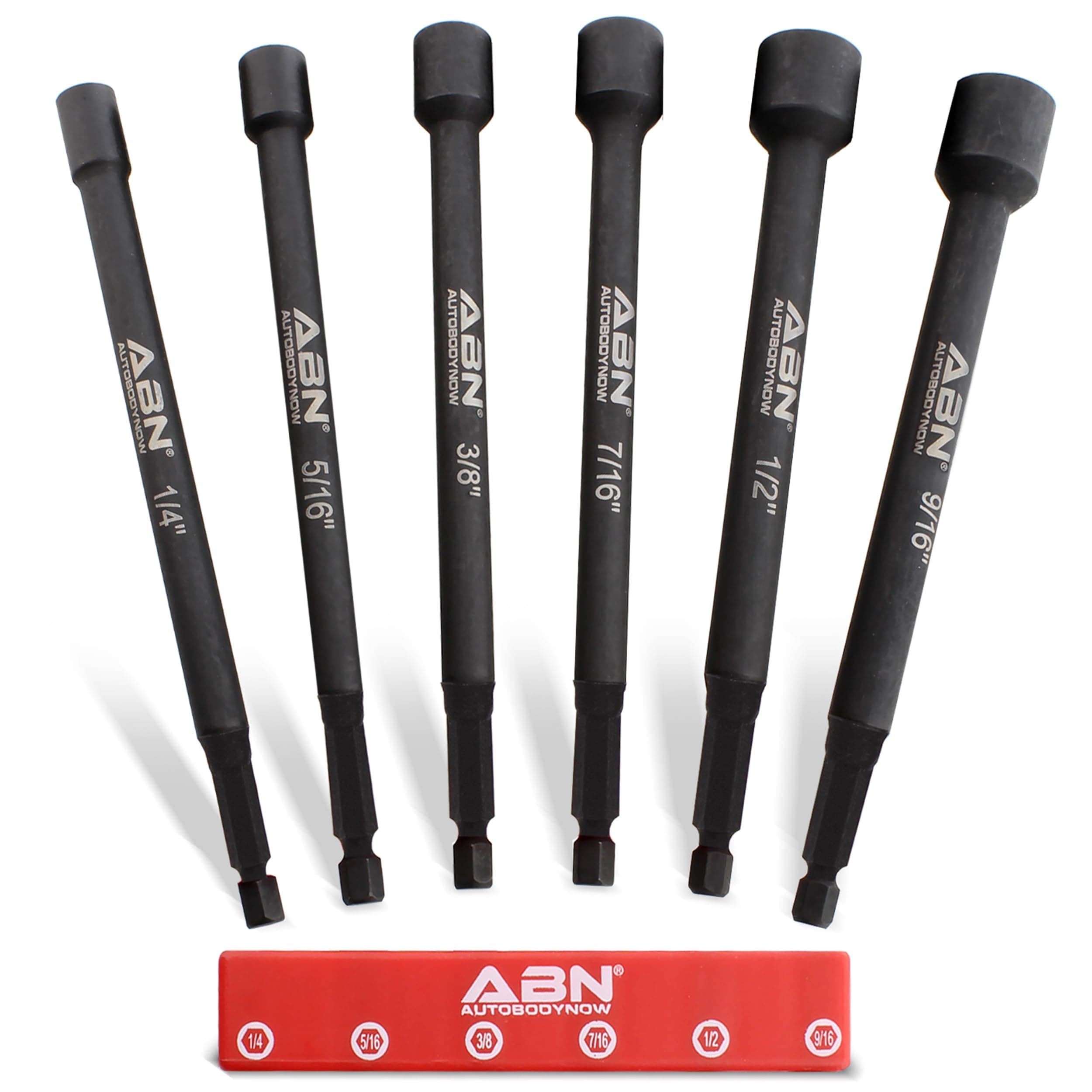 ABN Impact Nut Driver Tool Set - 6pc SAE 6 IN Long Shank Nut Driver Bits Magnetic Tip Sockets, 1/4 IN Hex Shank