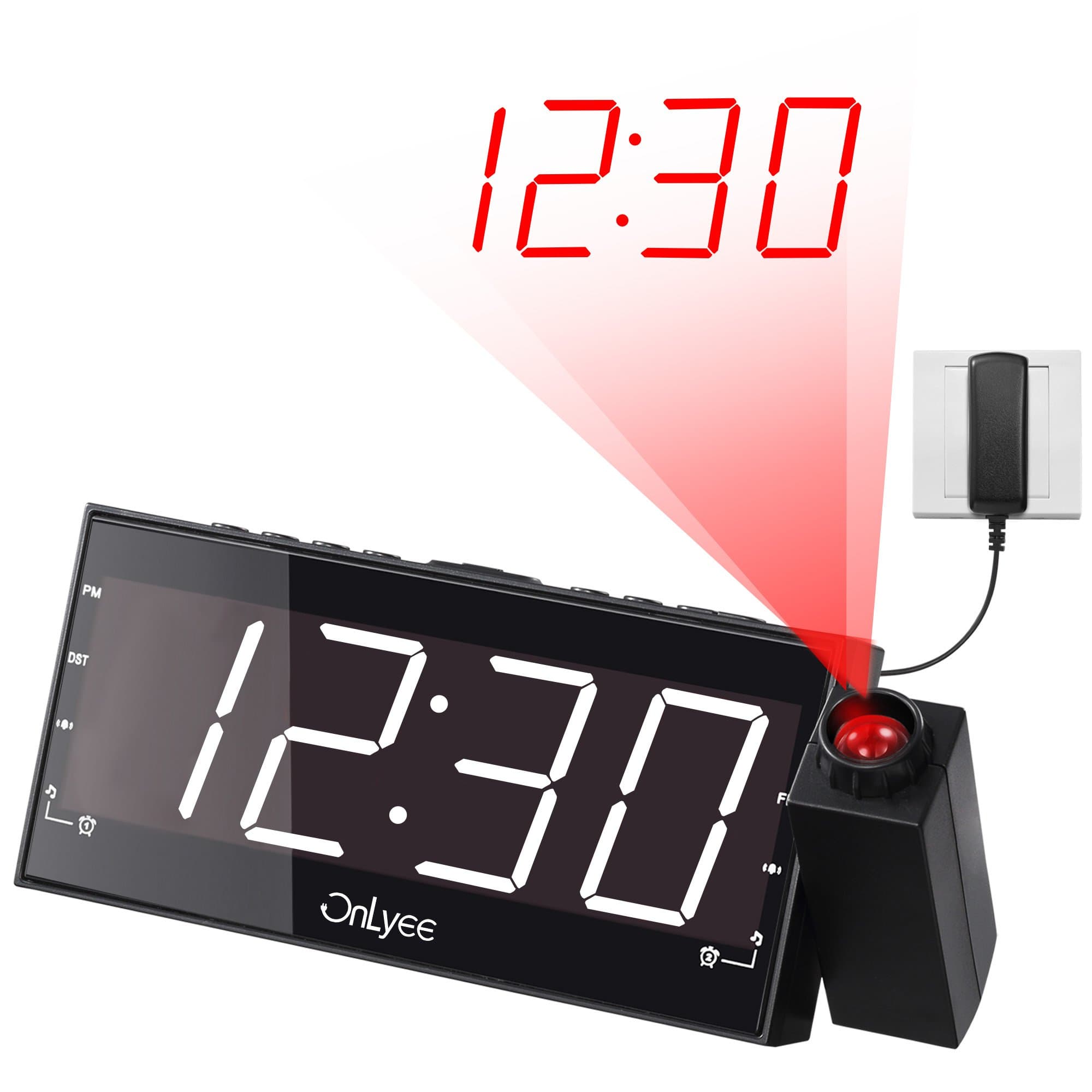 OnLyee 7” Digital LED Projection Alarm Clock with FM Radio, Dimmer, USB Charging Port,Battery Backup for Bedroom, Desk, Shelf, Kitchen, Kids, Wall, Ceiling