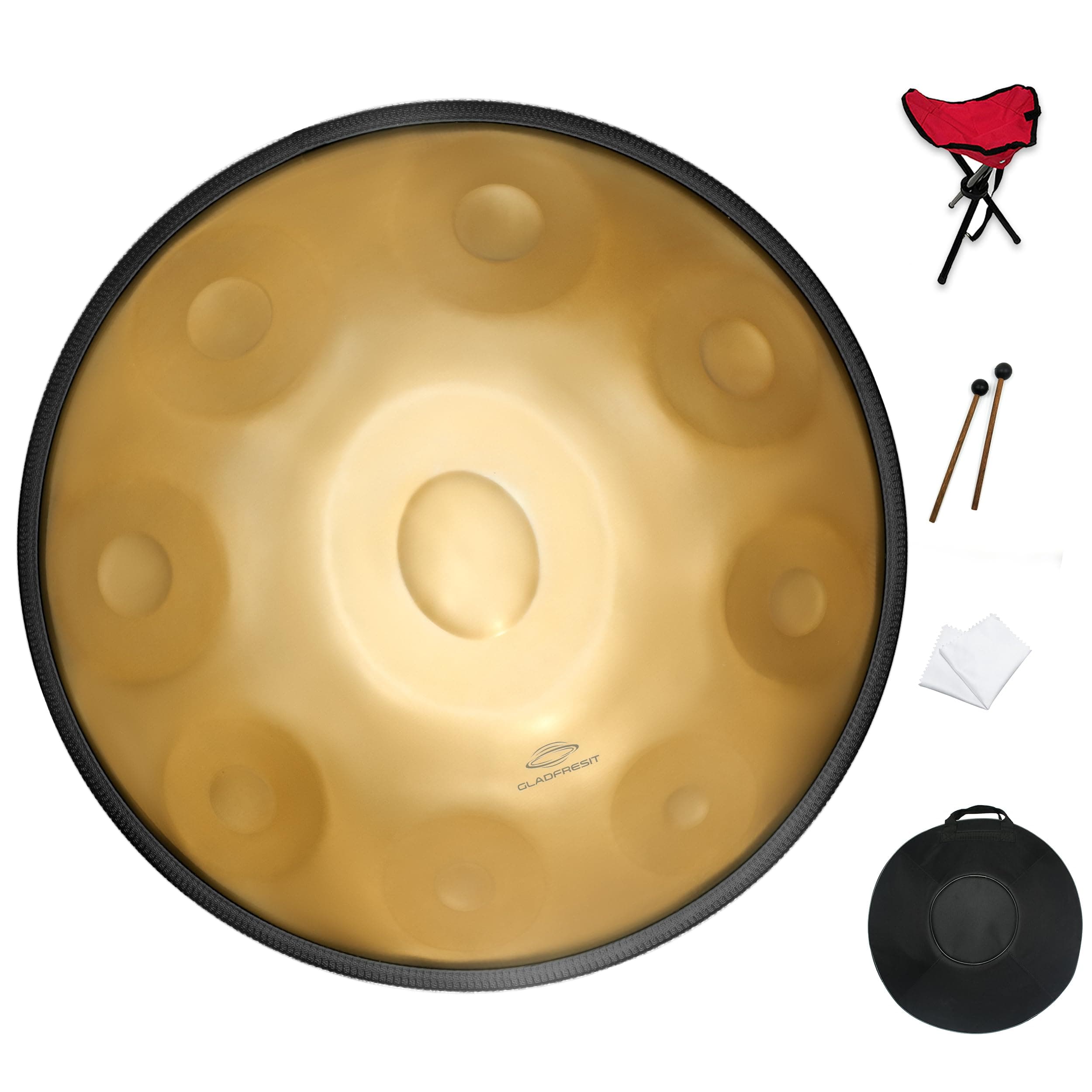 Handpan Drum 22inch in D Kurd Minor with handpan stand, handpan case, durable mallets and dust-free cloth (Gold, 440HZ)