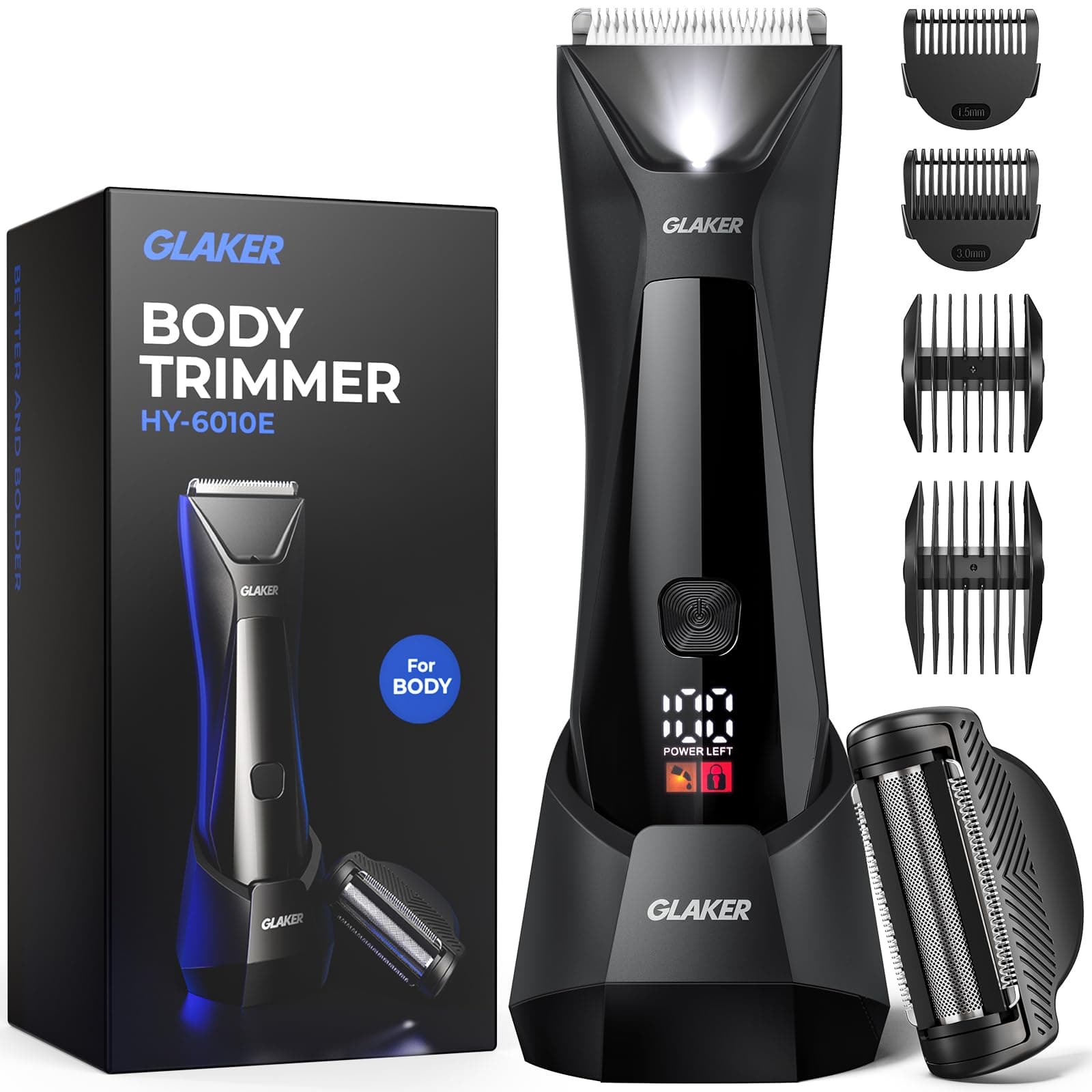 GLAKER Ball Trimmer for Men, 2-in-1 Ceramic & Foil Blades Body Shaver, Groin & Pubic Hair Groomer, Manscape Dual-Head IPX7 Waterproof