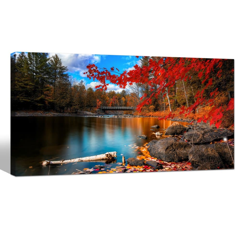 sechars - Red Maple Leaves Canvas Wall Art,Autumn Scenery Canvas Prints for Home Decor,lake Picture Prints on Canvas Framed and Ready to Hang - 24"x48"